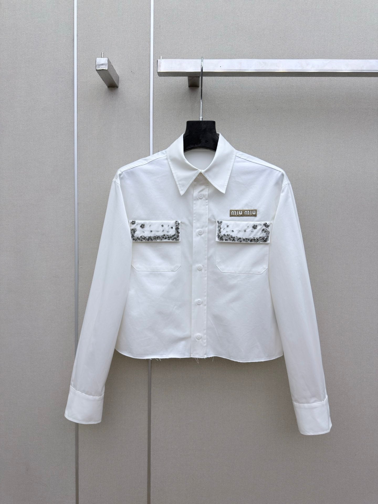 Miu Long-Sleeved Shirt With Heavy-Duty Rhinestone White Cotton