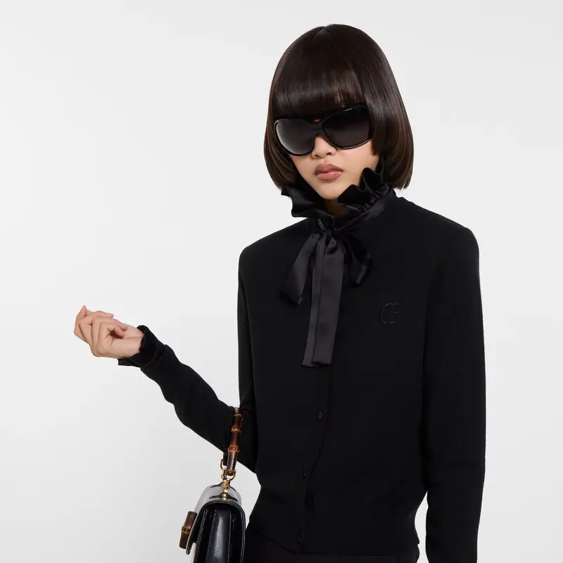 GG Cardigan With Embroidery Black Knit Wool 394316