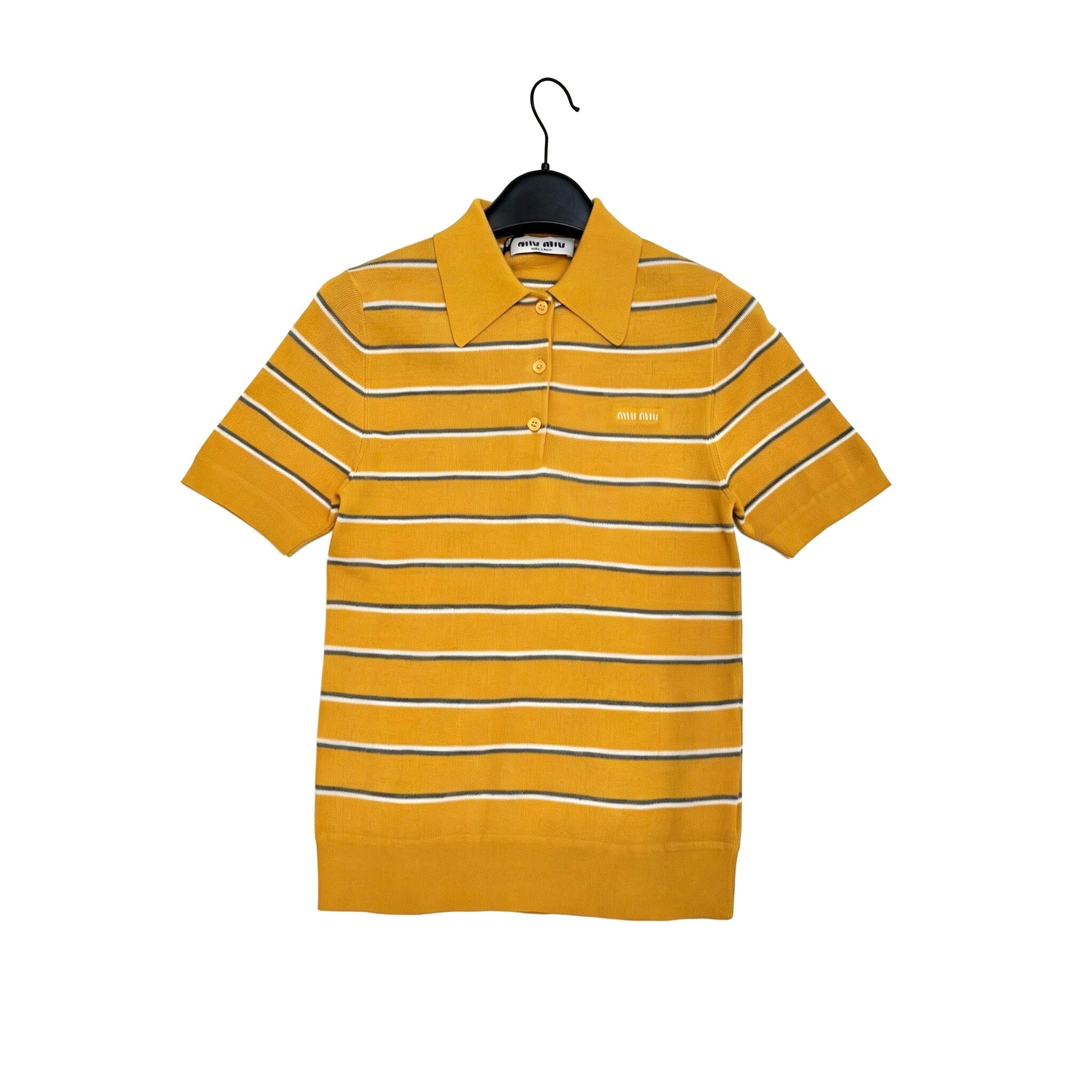 Miu Knit Polo Shirt Bright Yellow Cotton 394280