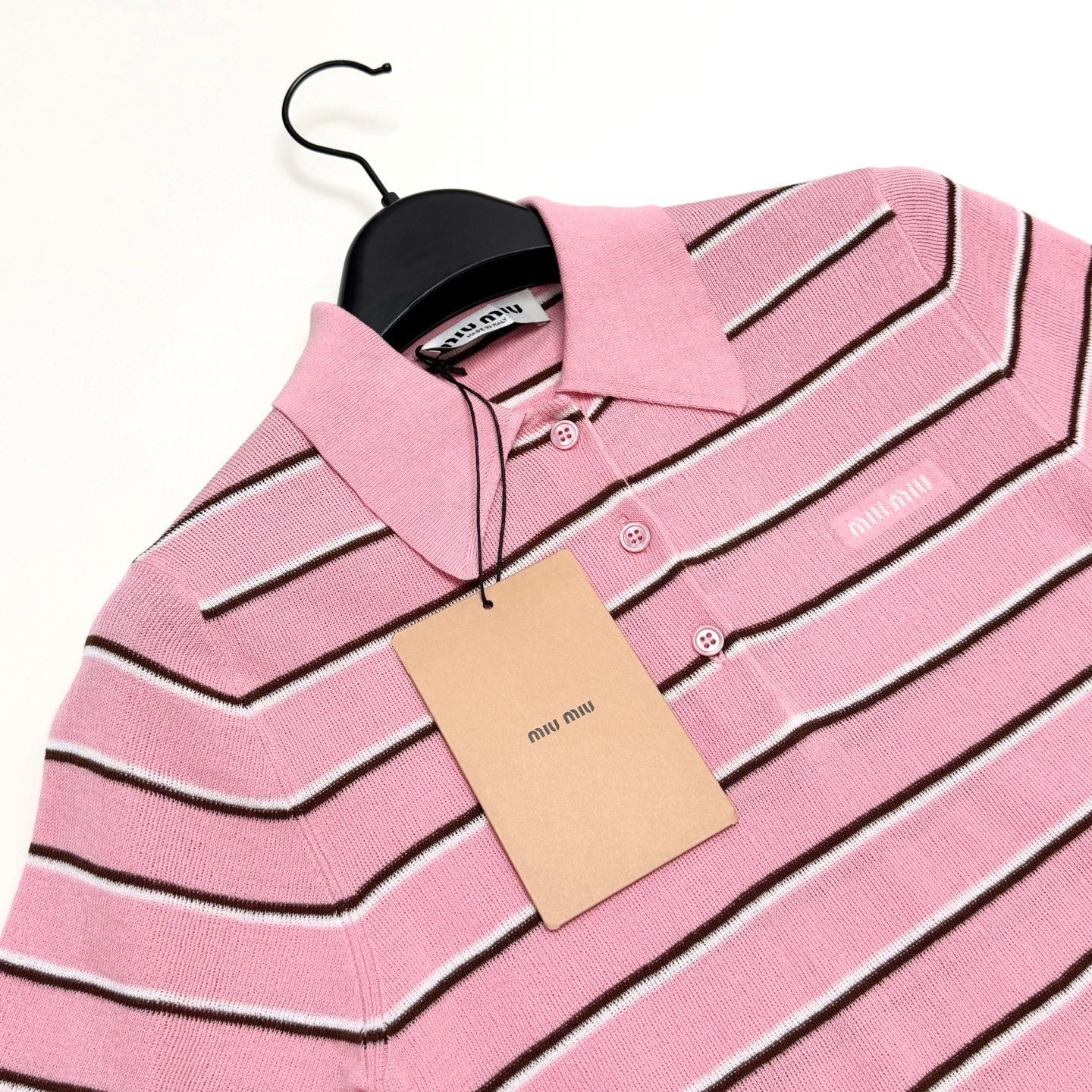 Miu Knit Polo Shirt Light Pink Cotton 394294