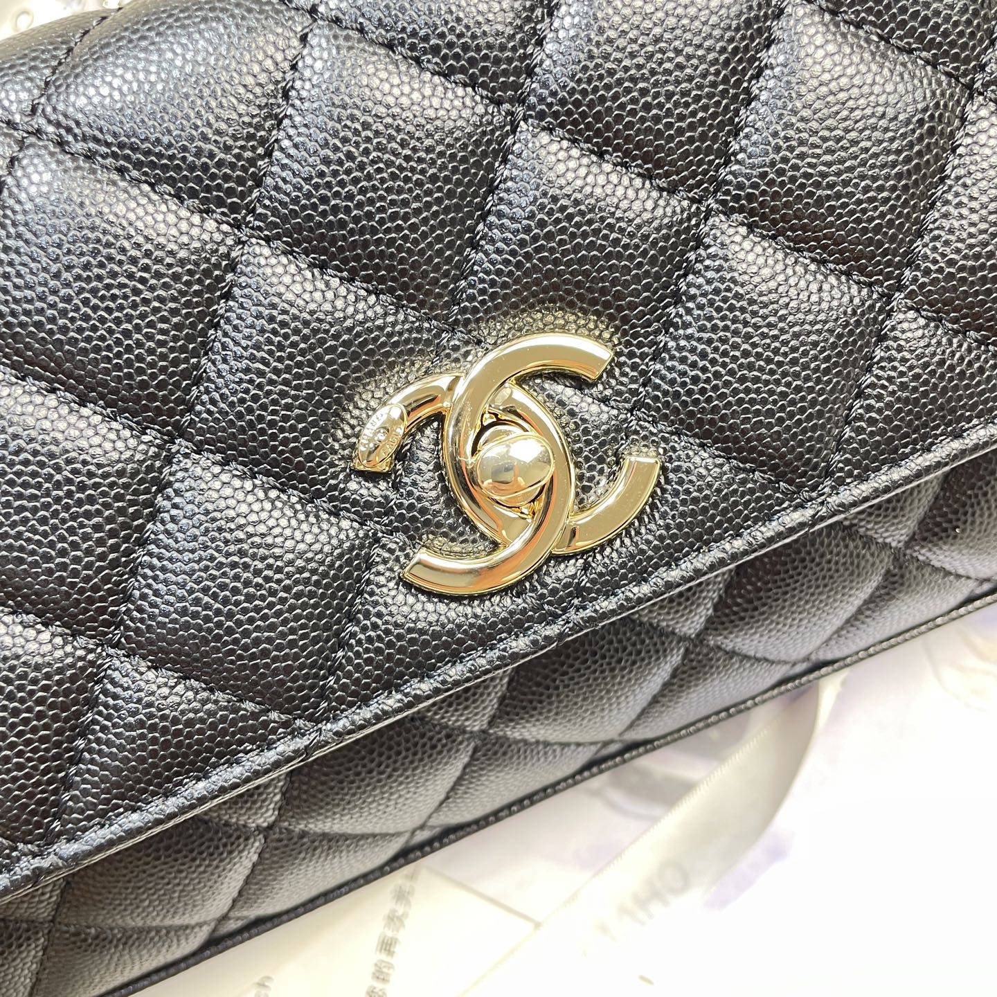 CC 26P Horizontal Coco Handle 32cm Black Quited Caviar Leather Light Gold