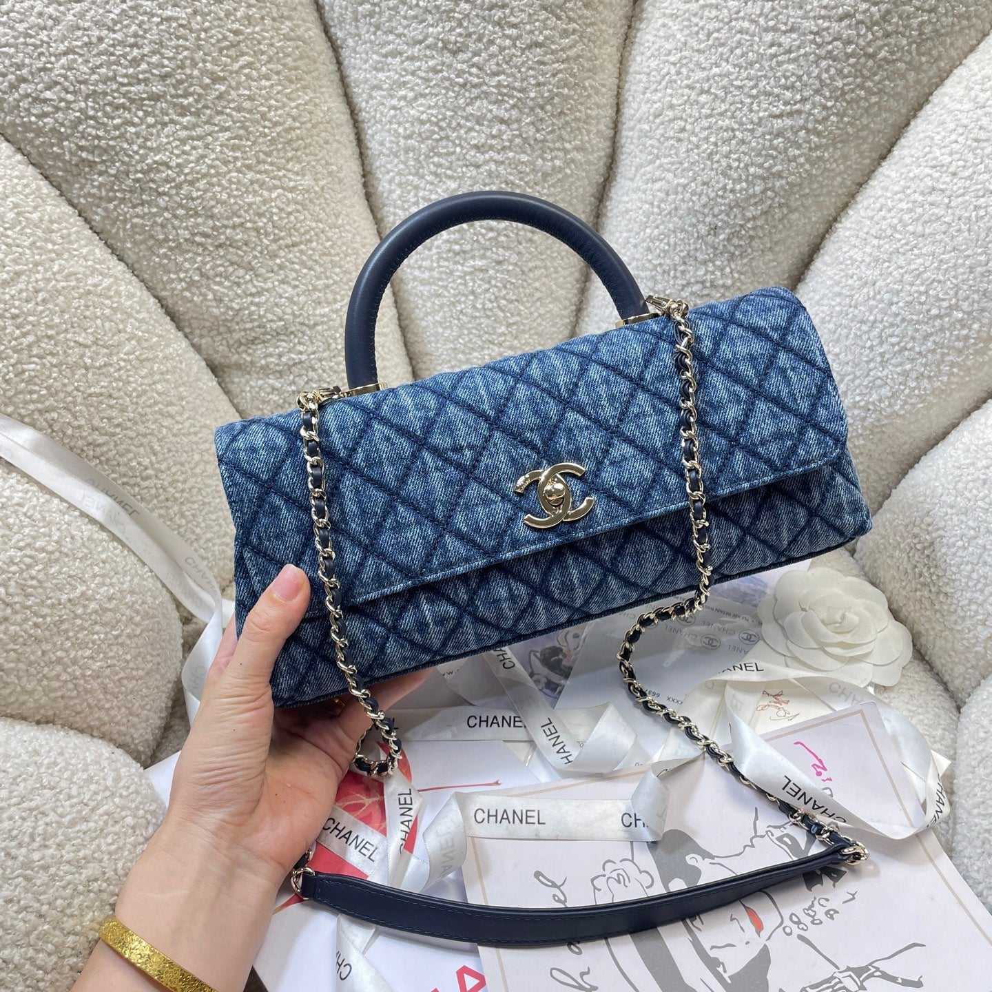 CC Maxi Flap Bag with Top Handle 31.5cm Blue Denim
