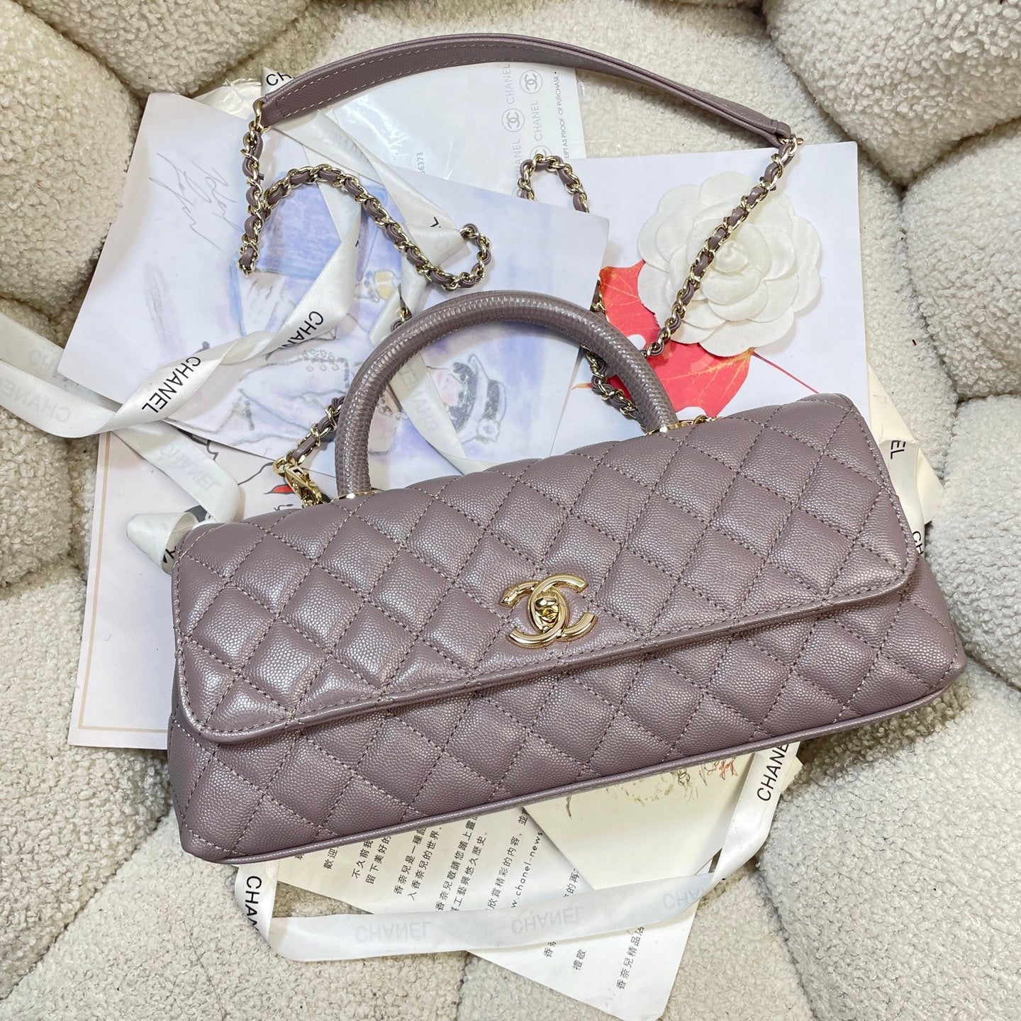 CC Maxi Flap Bag with Top Handle 31.5cm Light Slate Gray Quited Caviar Leather