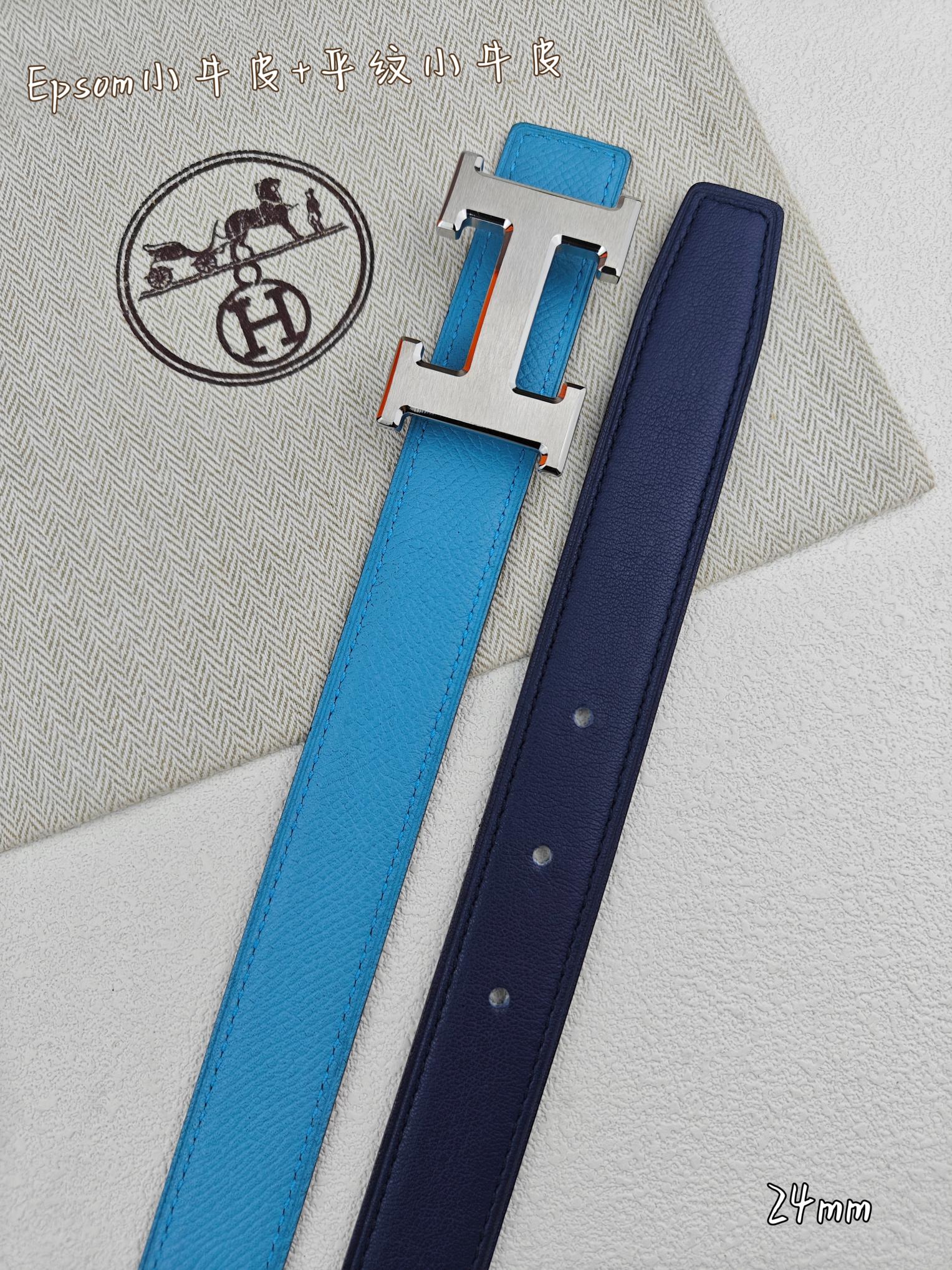 H Guillochee Buckle Belt 2.4cm Ocean Espom 211231