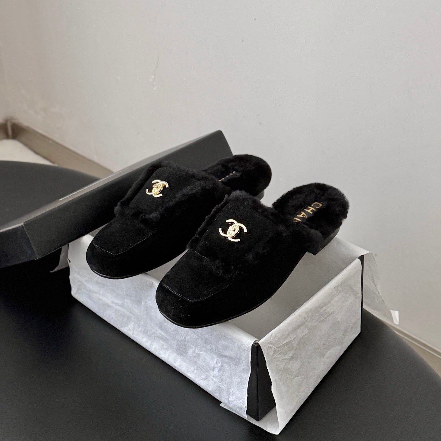 CC 26s Slip-On Mules Black Fluffy Shearling Suede 969726