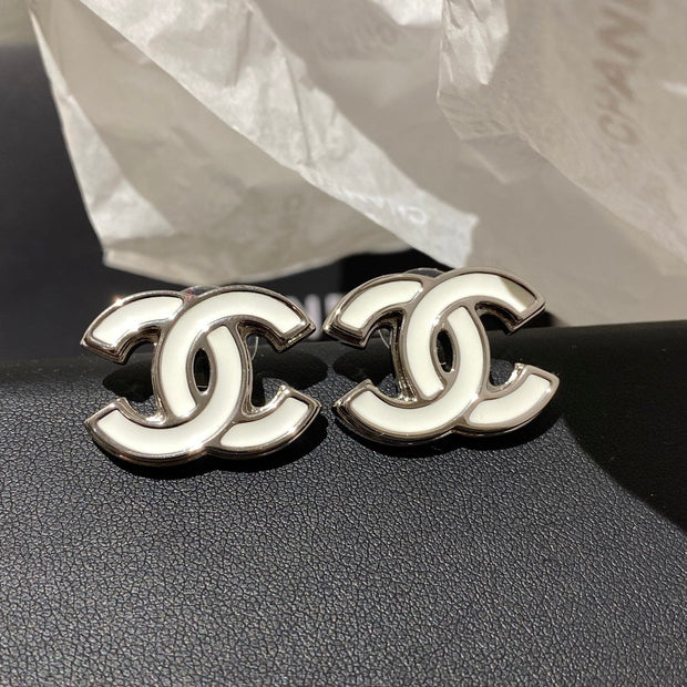 CC Classic White Sliver Enamel Double C Earrings
