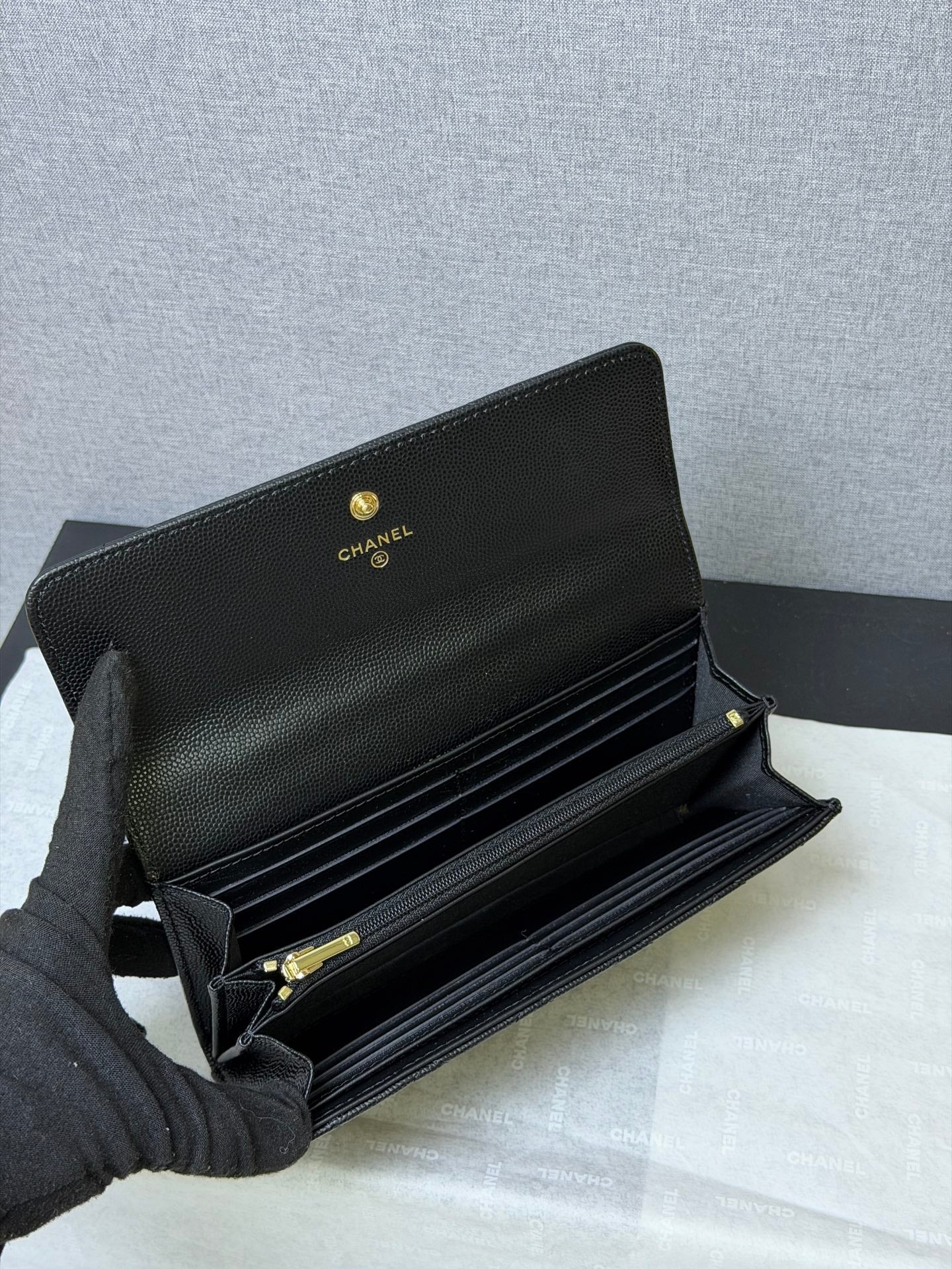 CC 26P Long Flip Wallet Black Quited Caviar Leather