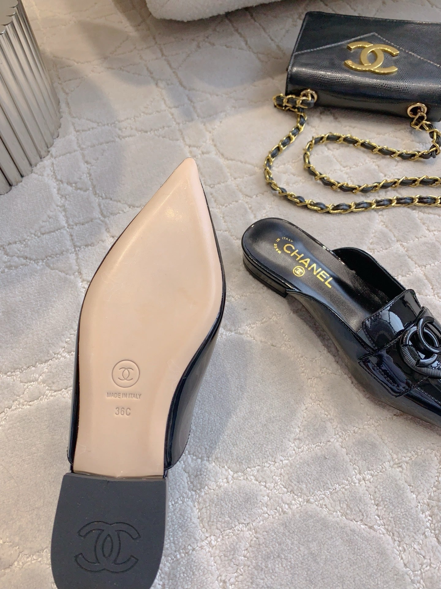 Chanel 26s Flat Mule 2cm Black Patent Calfskin