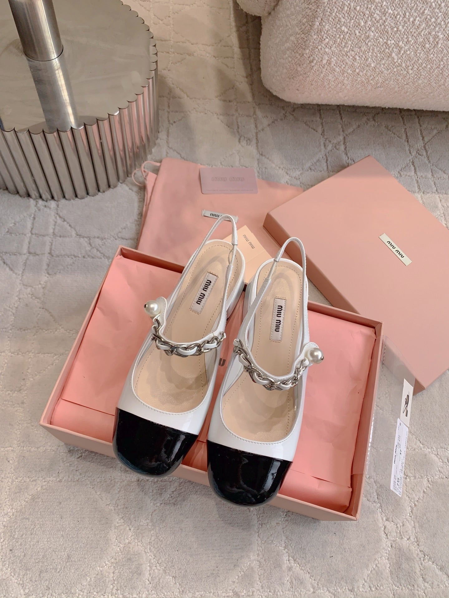 Miu Bicolor Cap-Toe Slingback Black White Patent Leather