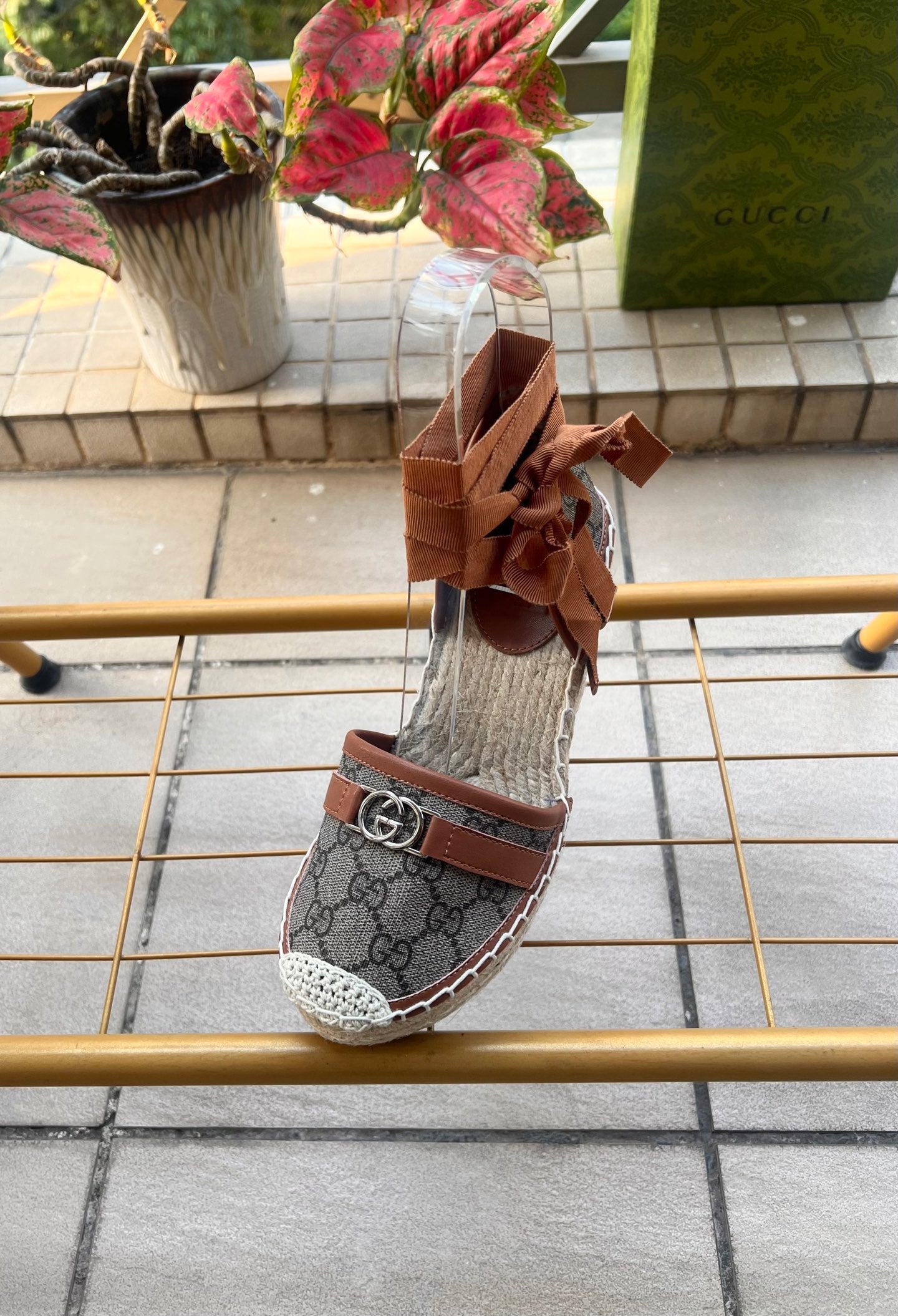 GG 26ss Platform Wedge Sandals 10cm Coffee Brown Straw Canvas 692210