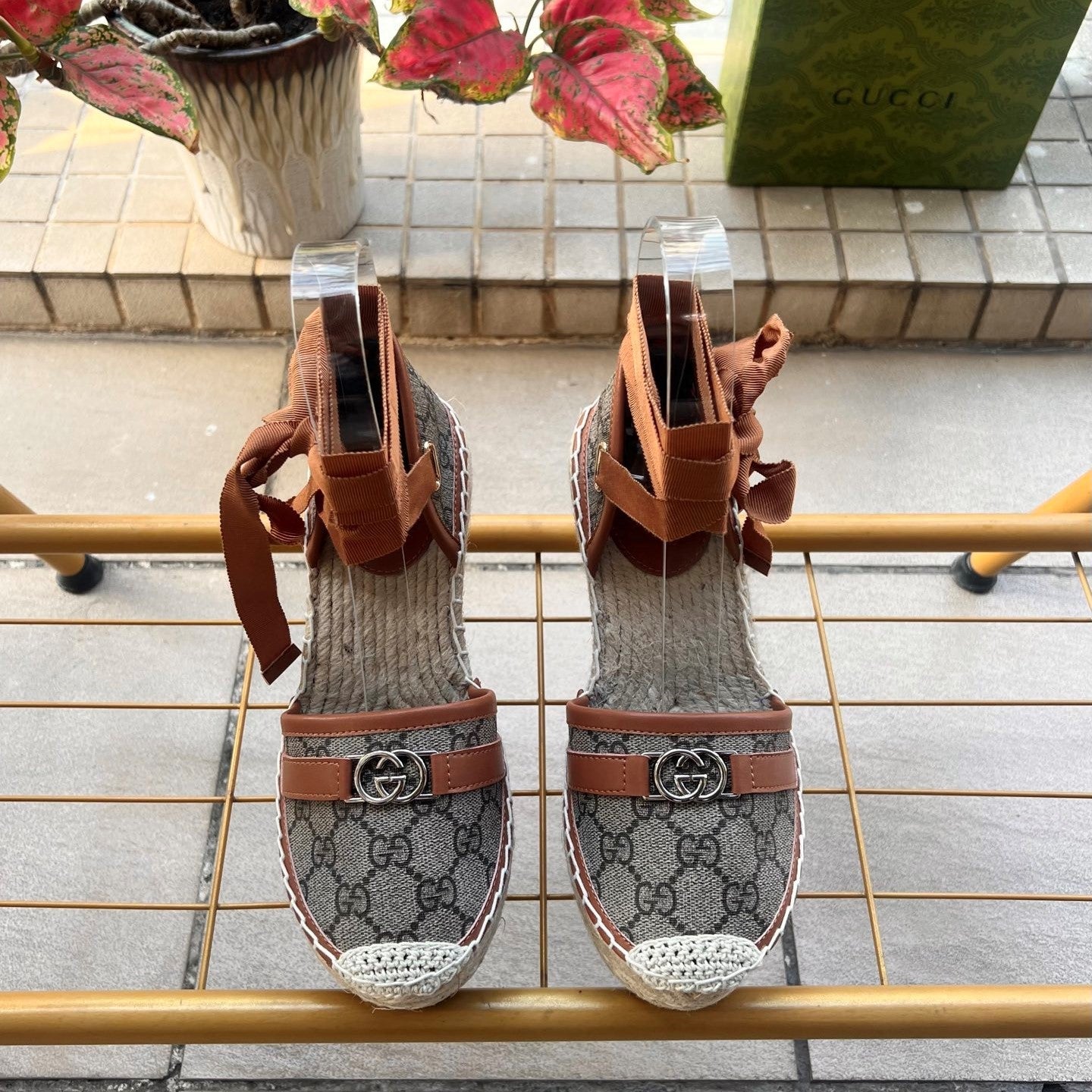 GG 26ss Platform Wedge Sandals 10cm Coffee Brown Straw Canvas 692210