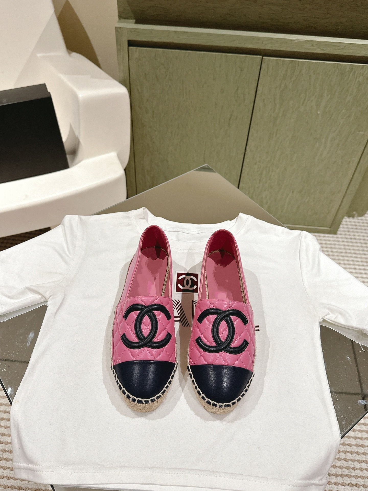 espadrilles pink black quilted calfskin