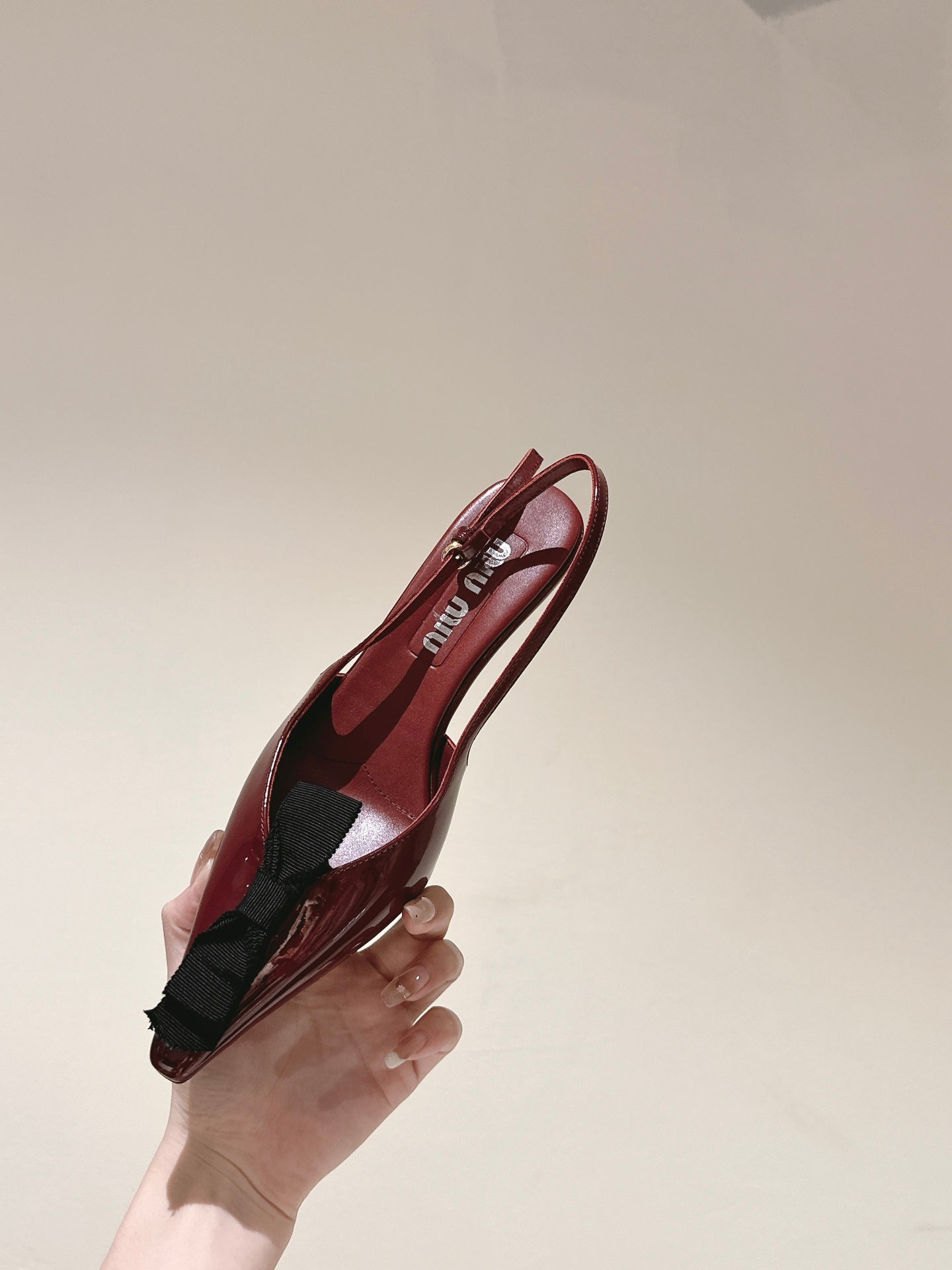 Miu x Balanc Small Bow Buckle SlingBack 45mm Burgundy Patent Leather 445863