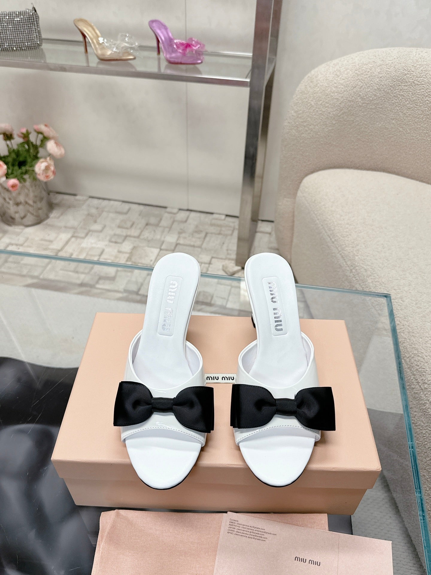 Miu Mordoré Black Bows Mules 70mm White Cowhide 445516