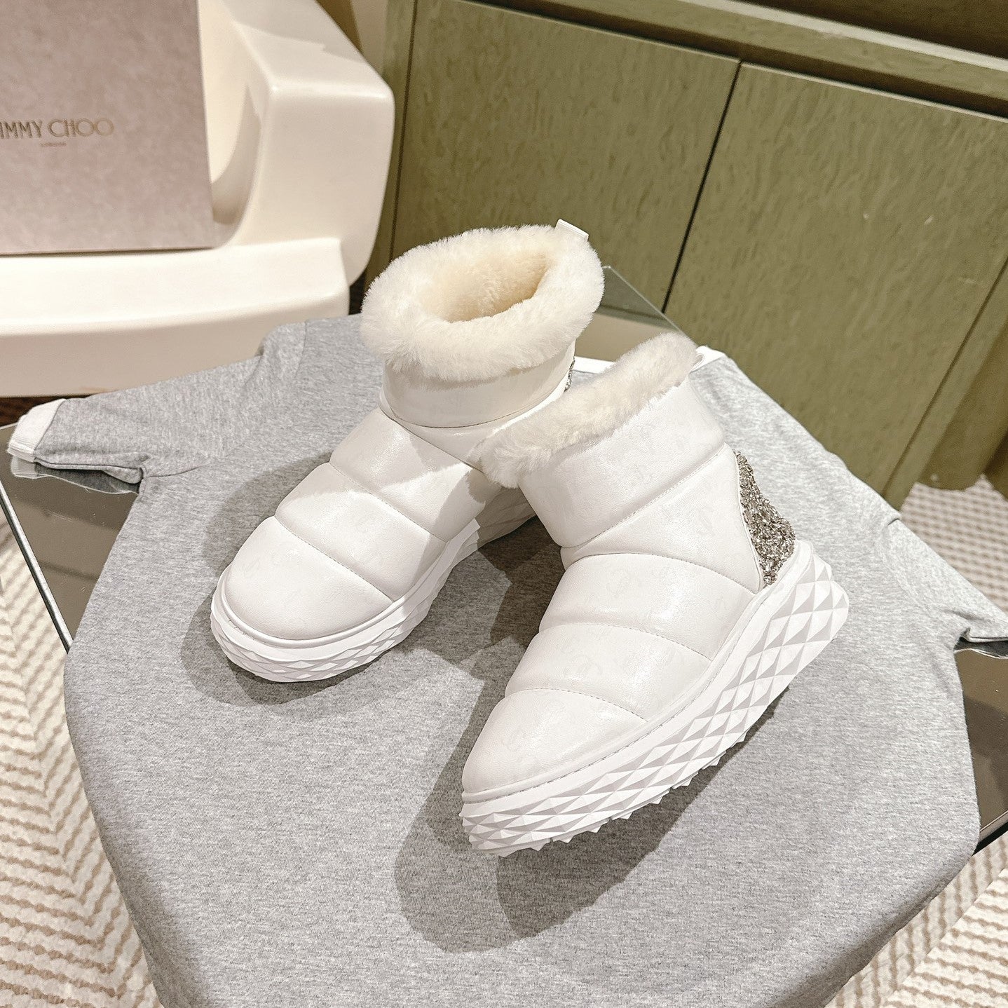 Jimmy Xan Toffee Ankle Boots with Crystals White Shearling Leather 533014