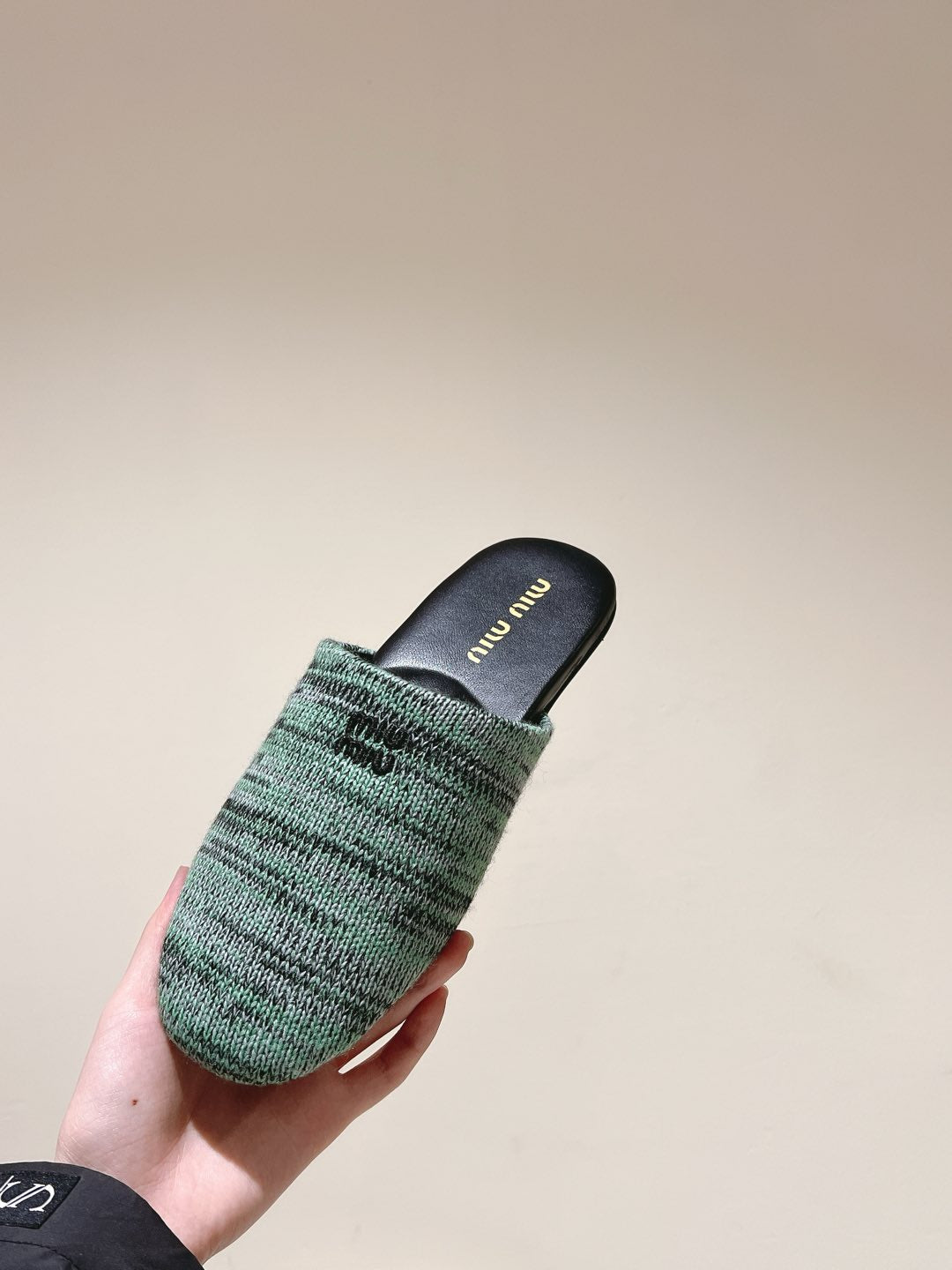 Miu Slide Black mix Green Wool Cowhide 445671