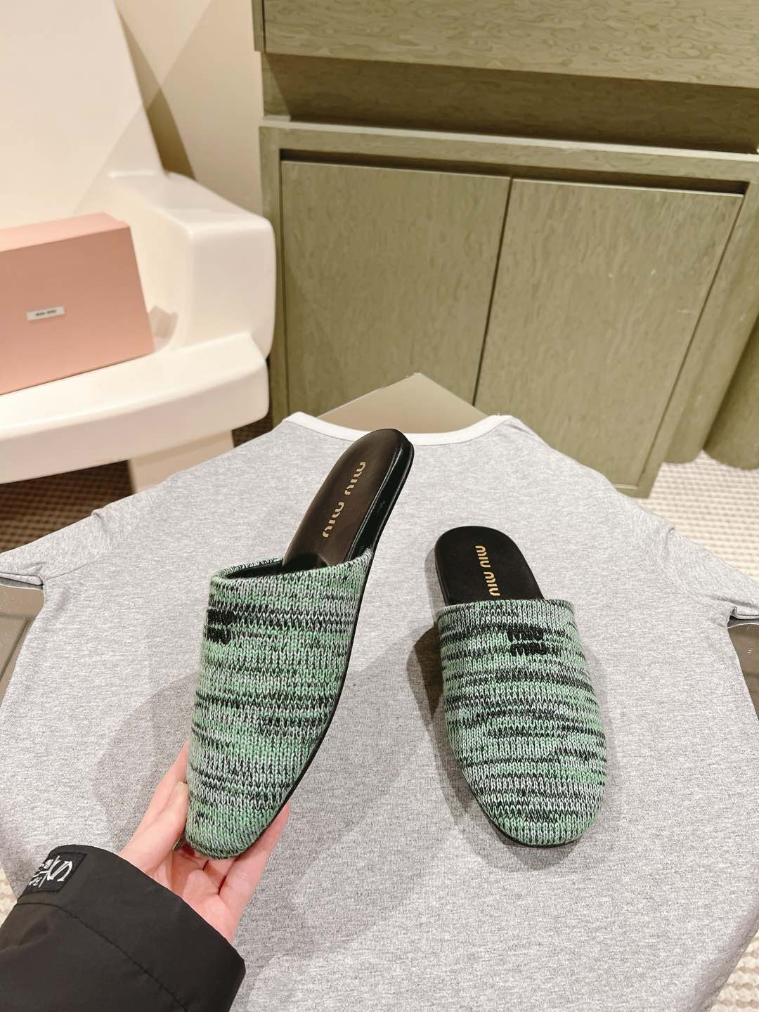 Miu Slide Black mix Green Wool Cowhide 445671