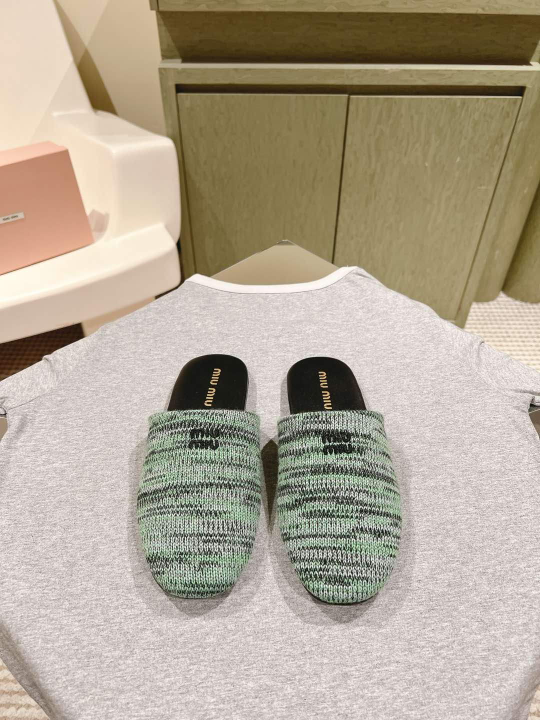 Miu Slide Black mix Green Wool Cowhide 445671