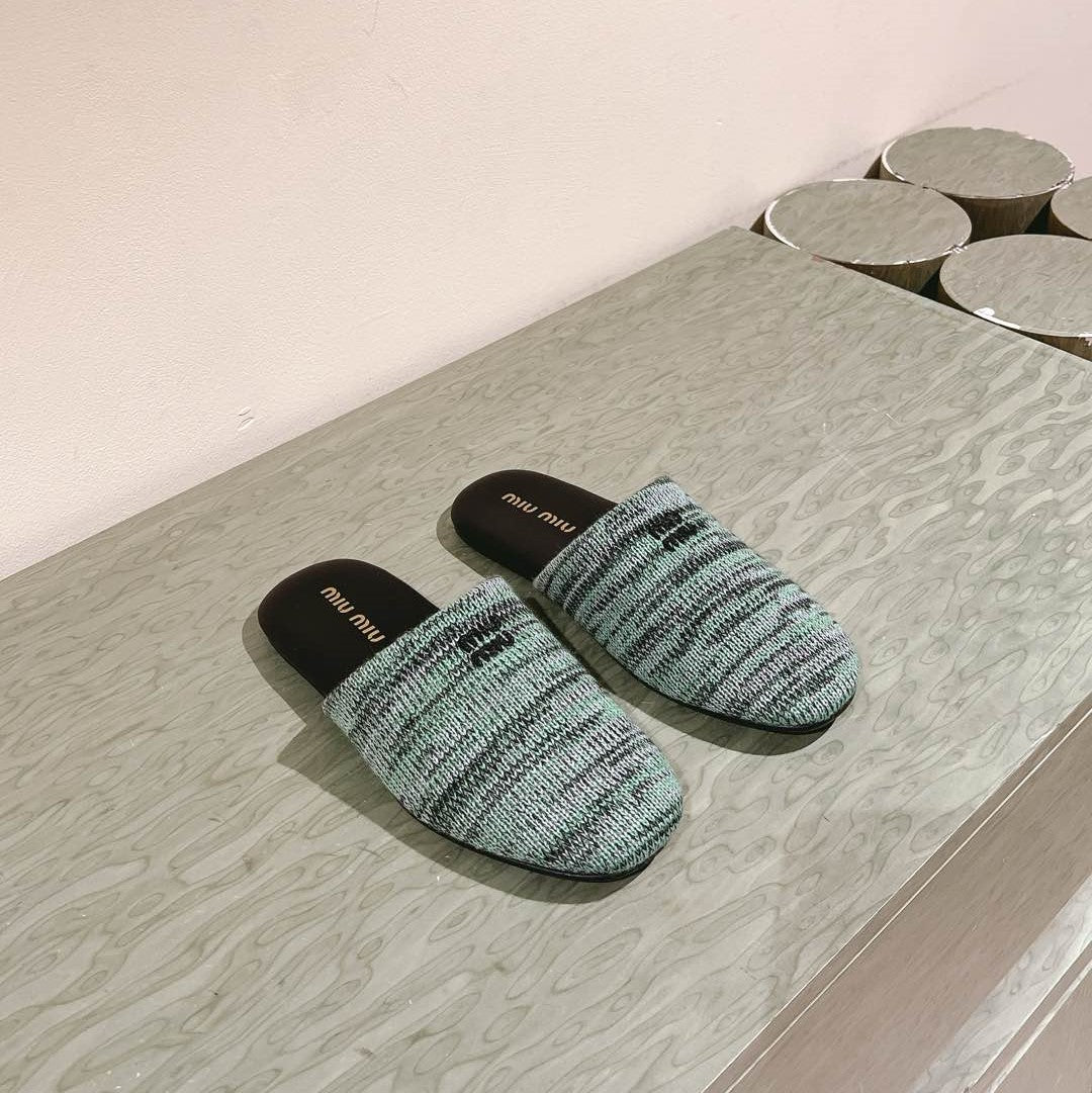 Miu Slide Black mix Green Wool Cowhide 445671