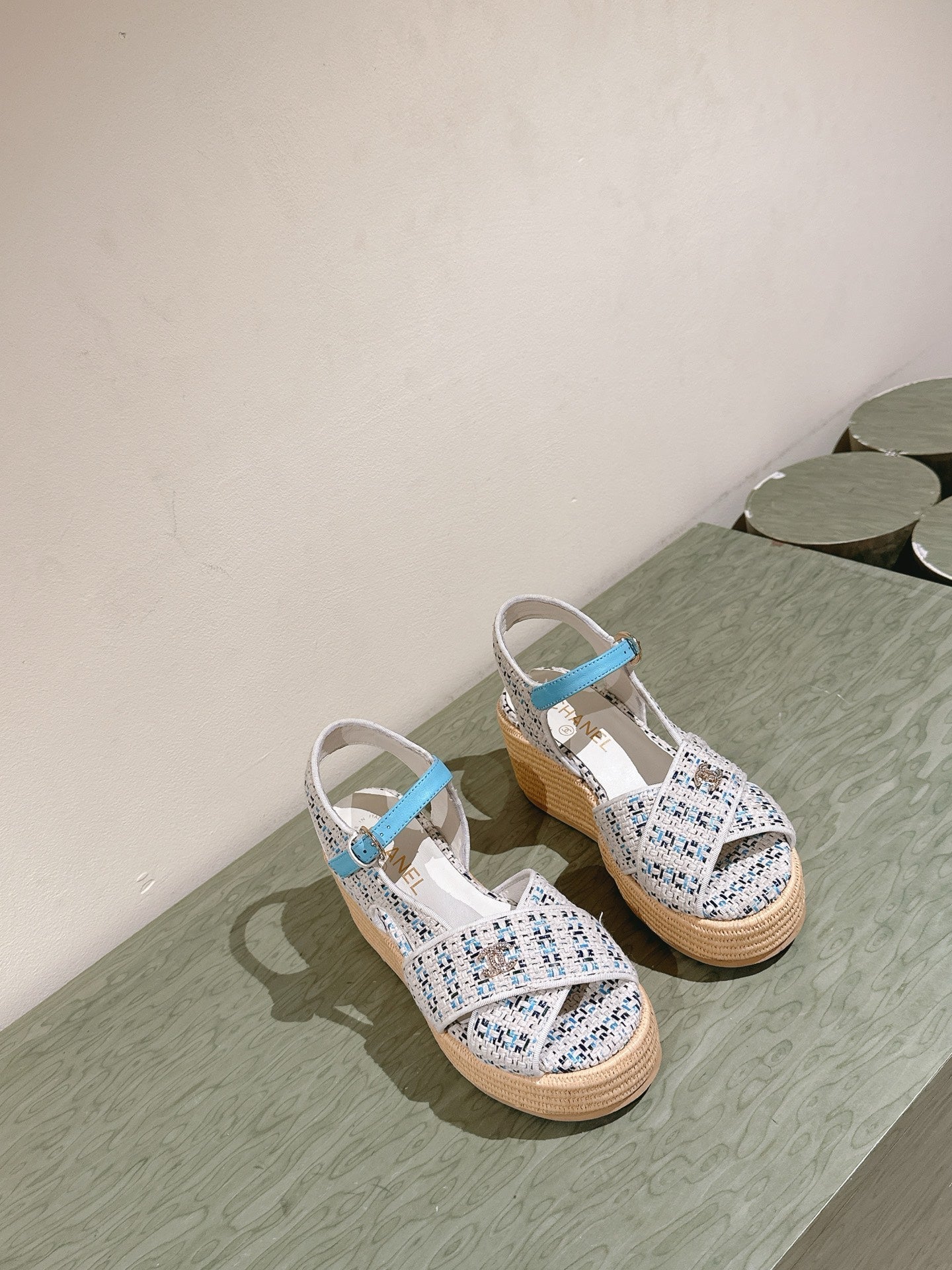 CC 25ss Espadrille Sandals 85mm Light Blue Colorful Tweed Cowhide 462244