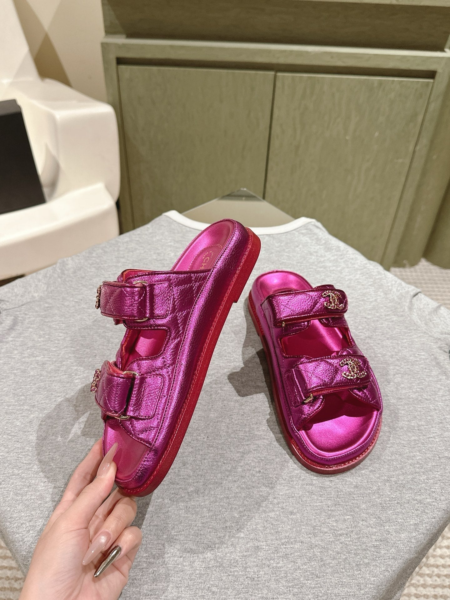 CC 25C Dad Sandals Mule Pink Metalic Grained Calfskin 462217
