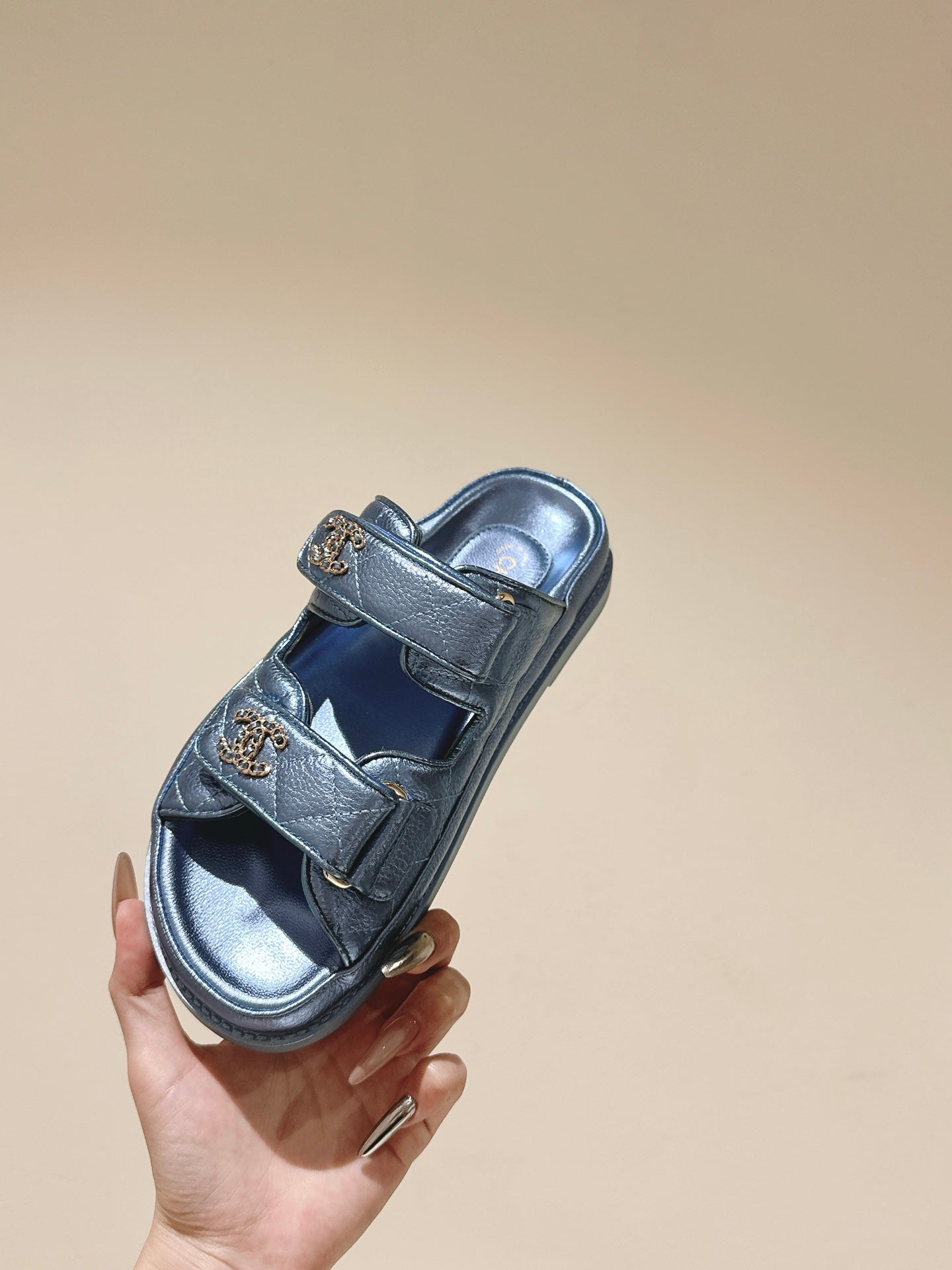 CC 25C Dad Sandals Mule Blue Metalic Grained Calfskin 462218