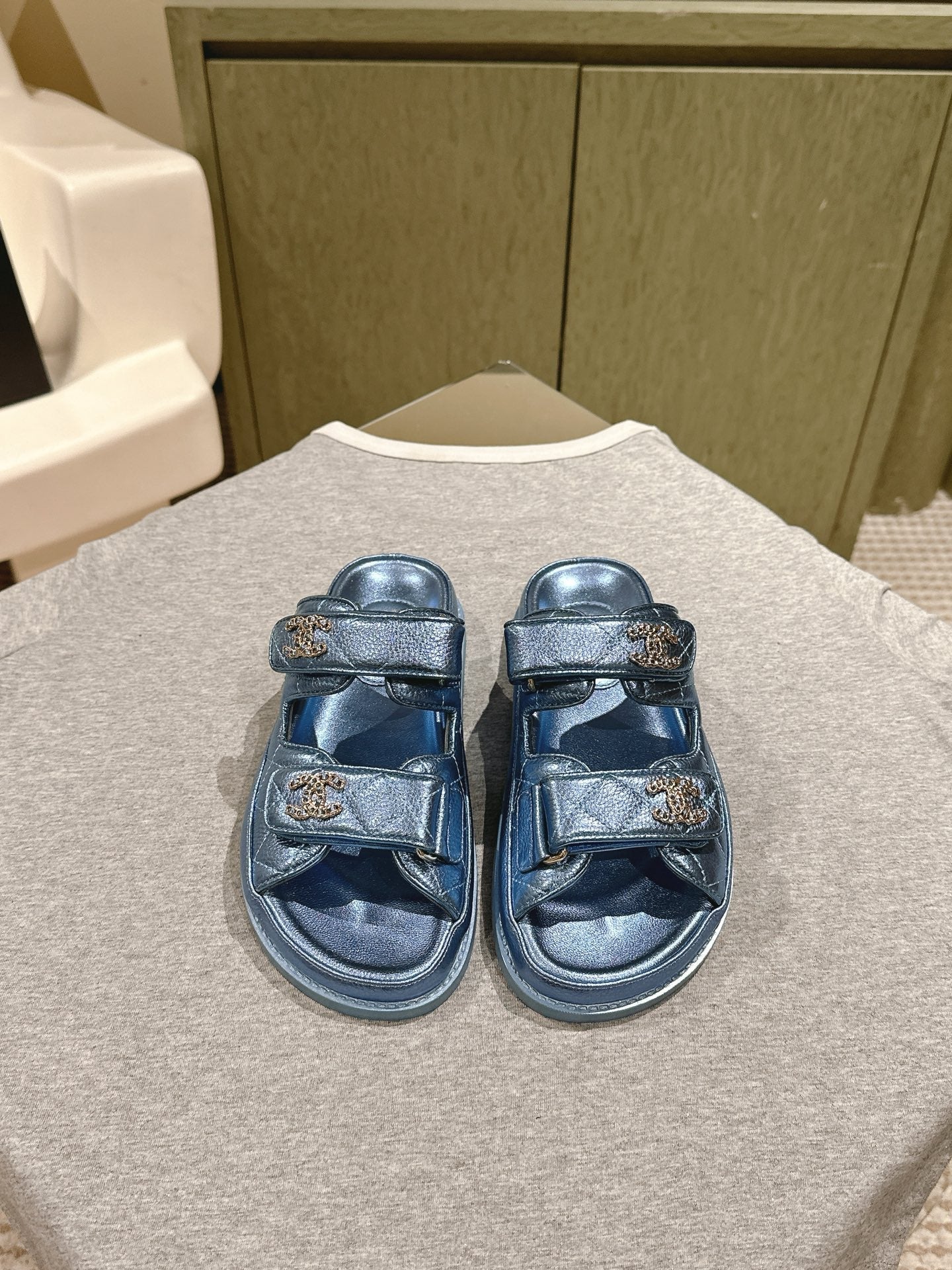 CC 25C Dad Sandals Mule Blue Metalic Grained Calfskin 462218