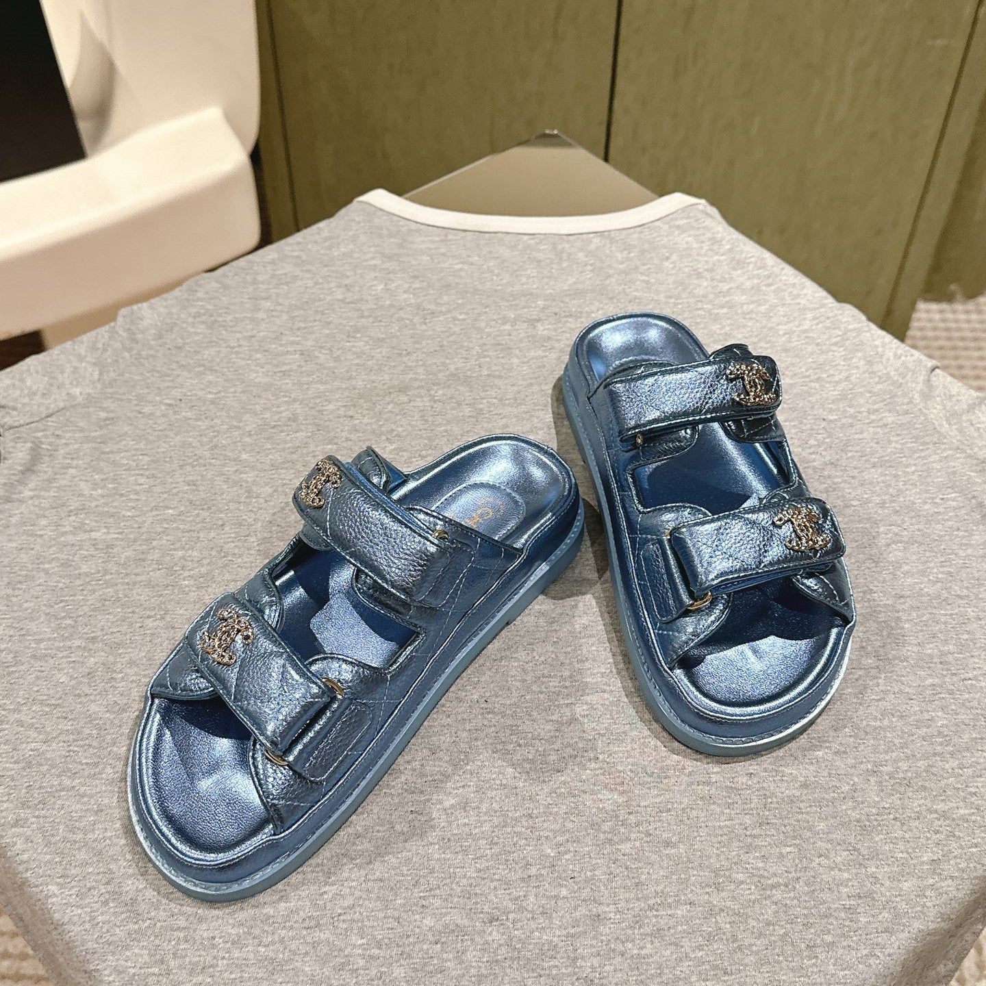 CC 25C Dad Sandals Mule Blue Metalic Grained Calfskin 462218