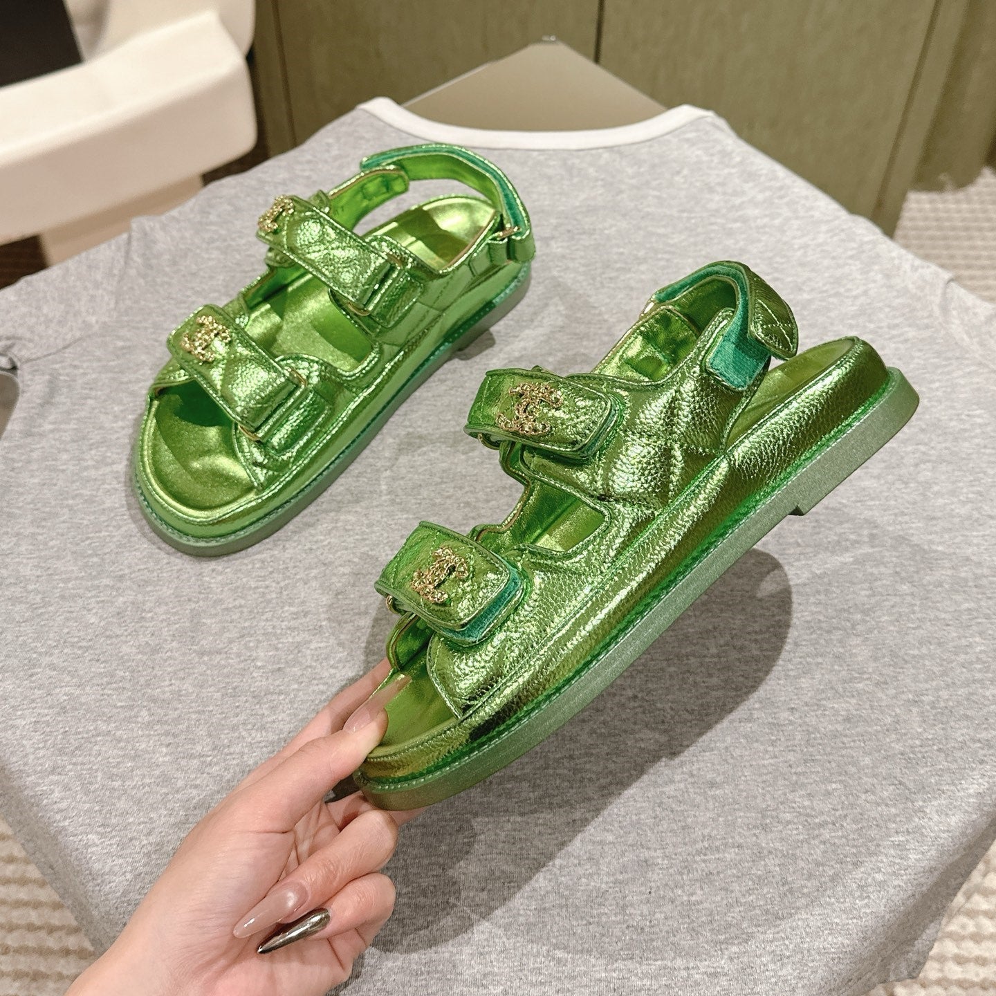 CC 25C Dad Sandals Green Metalic Grained Calfskin 462232