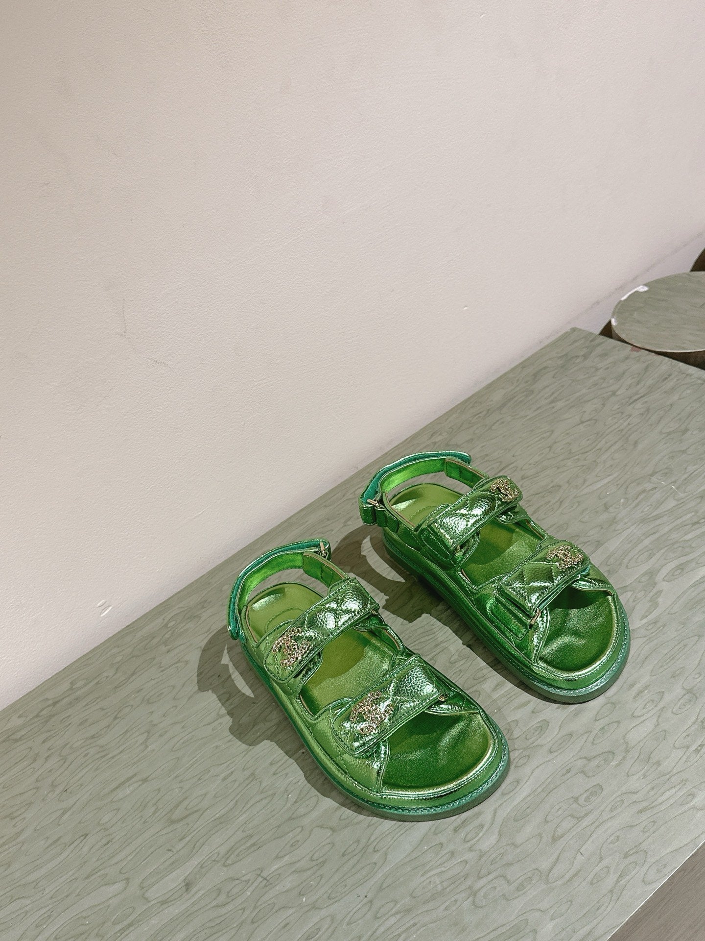 CC 25C Dad Sandals Green Metalic Grained Calfskin 462232