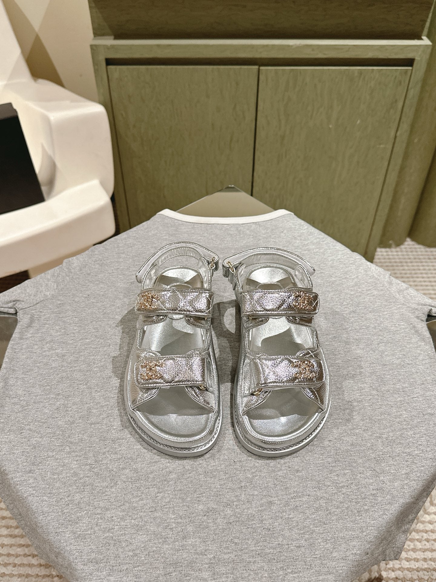 CC 25C Dad Sandals Silver Metalic Grained Calfskin 462236