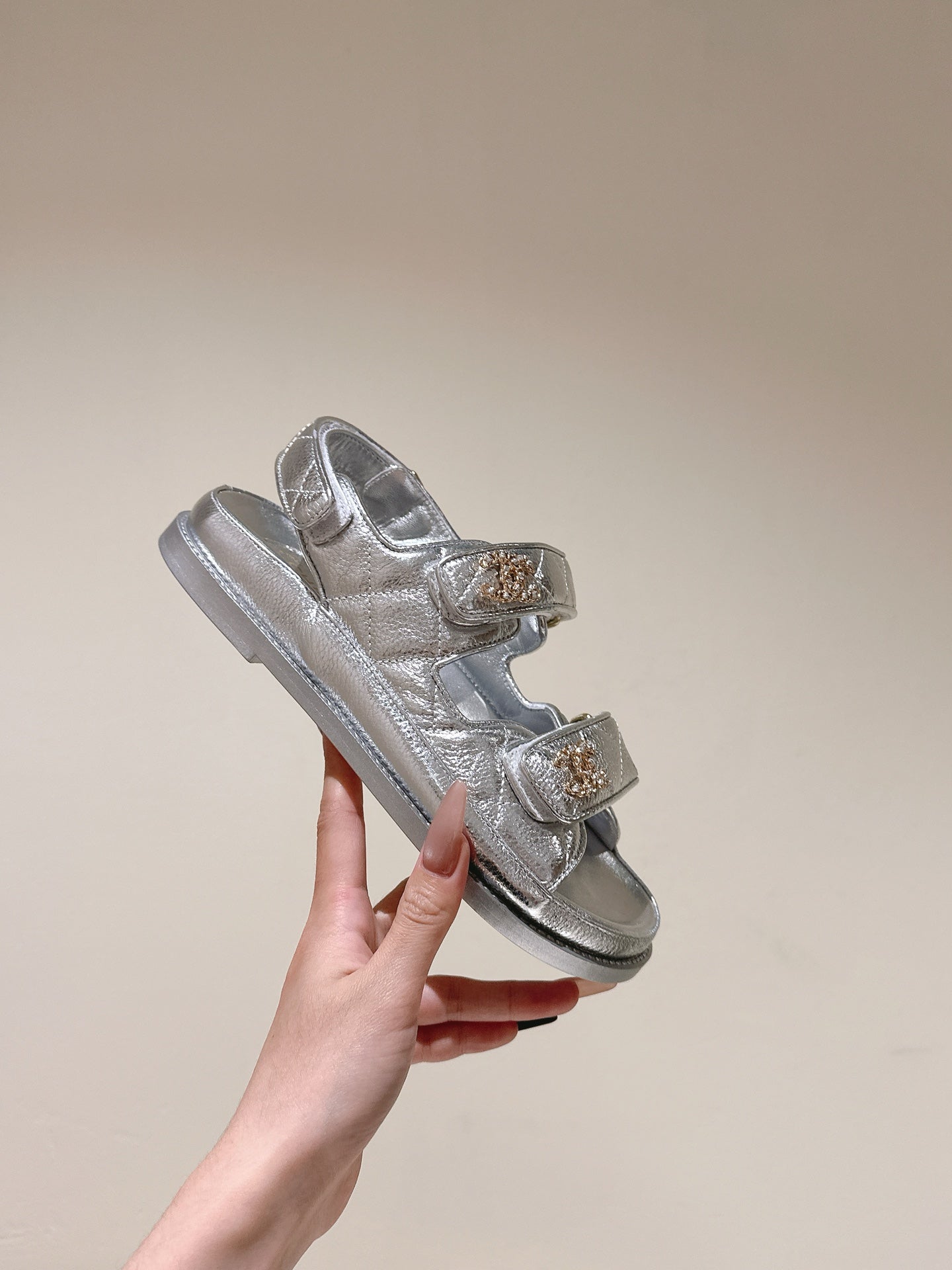 CC 25C Dad Sandals Silver Metalic Grained Calfskin 462236