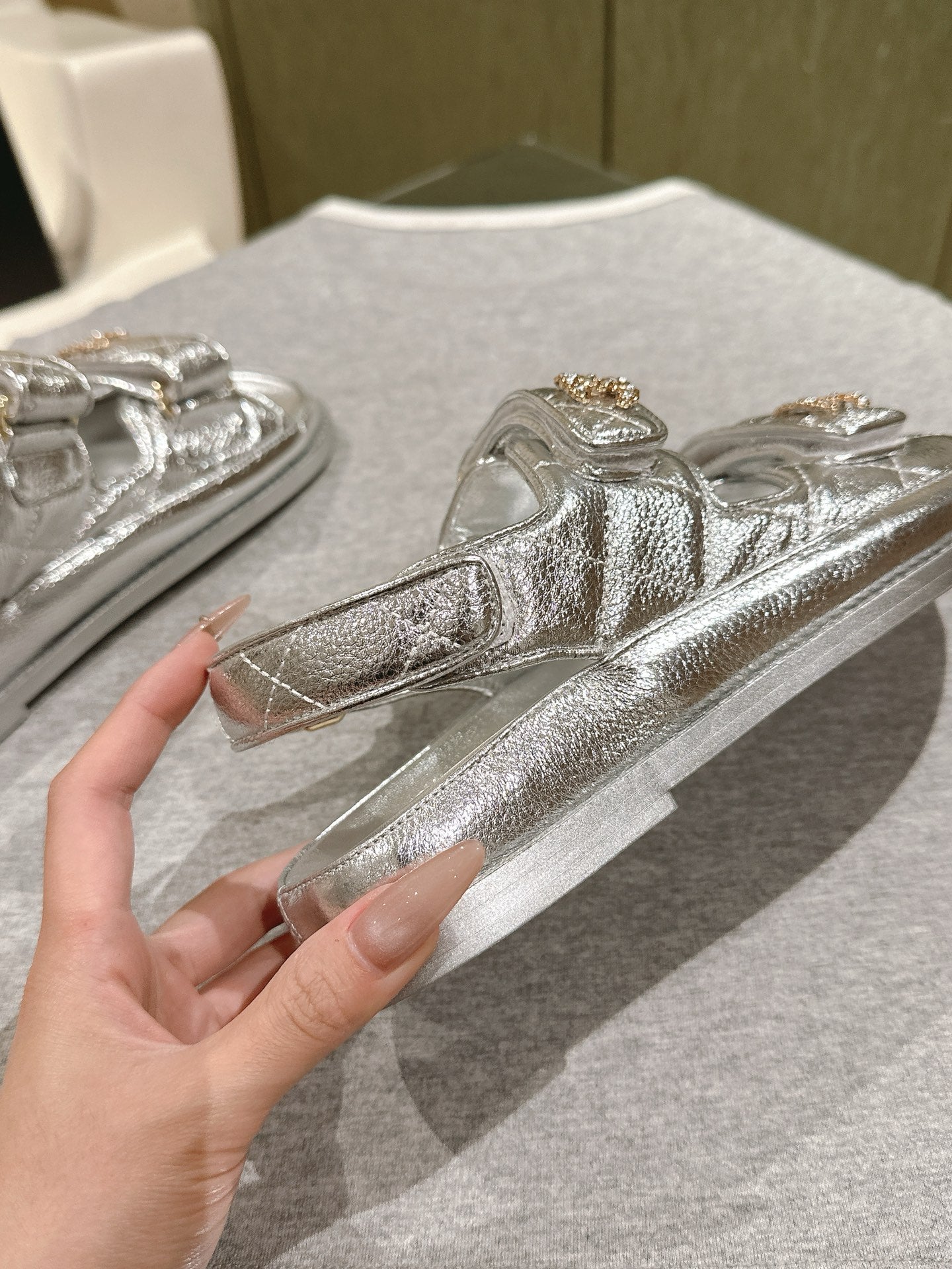 CC 25C Dad Sandals Silver Metalic Grained Calfskin 462236