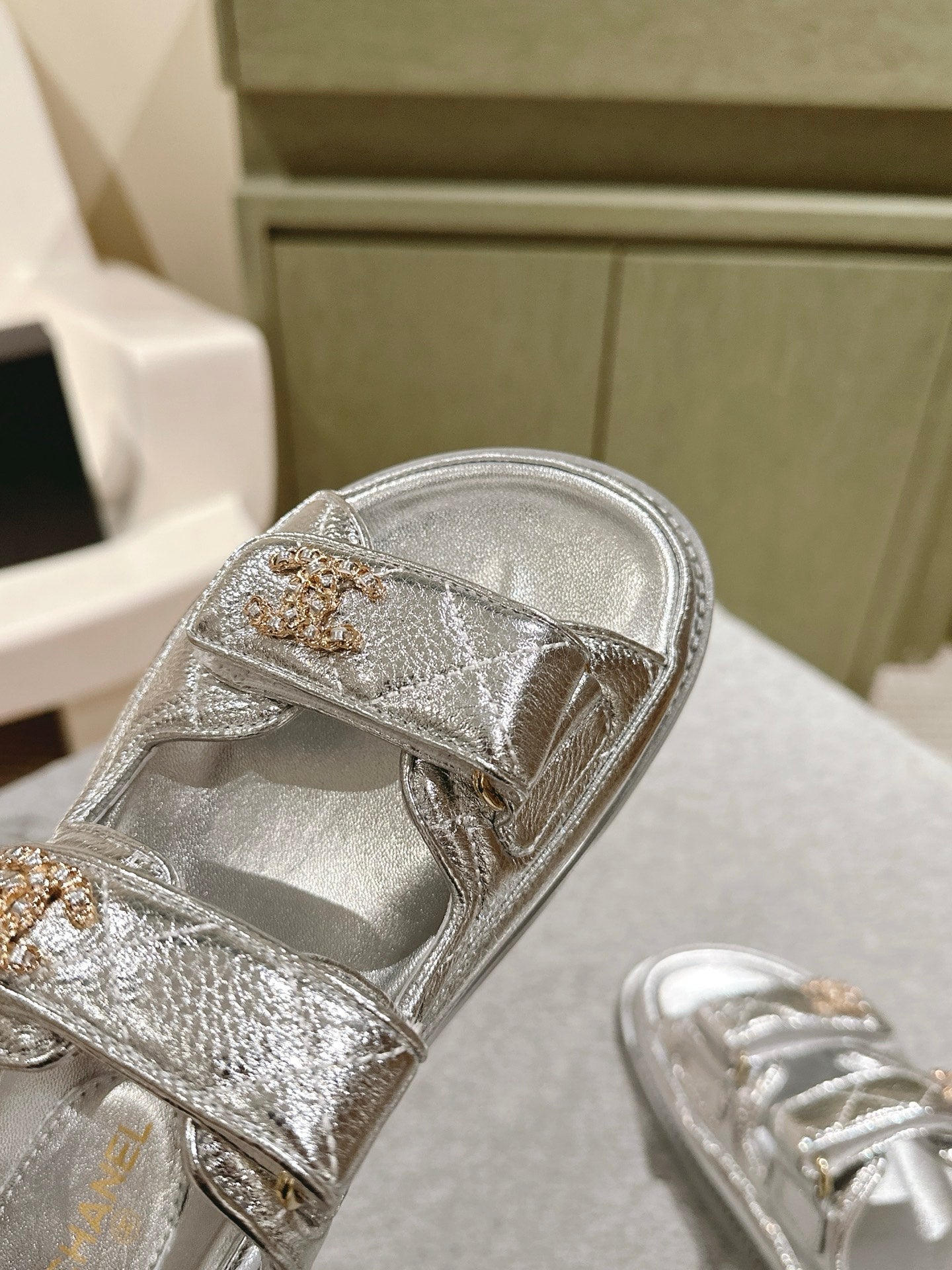 CC 25C Dad Sandals Silver Metalic Grained Calfskin 462236