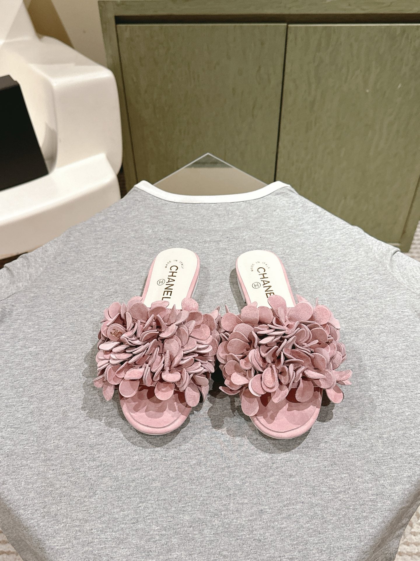 CC Floral Slide Flat Pink Suede Cowhide 454281