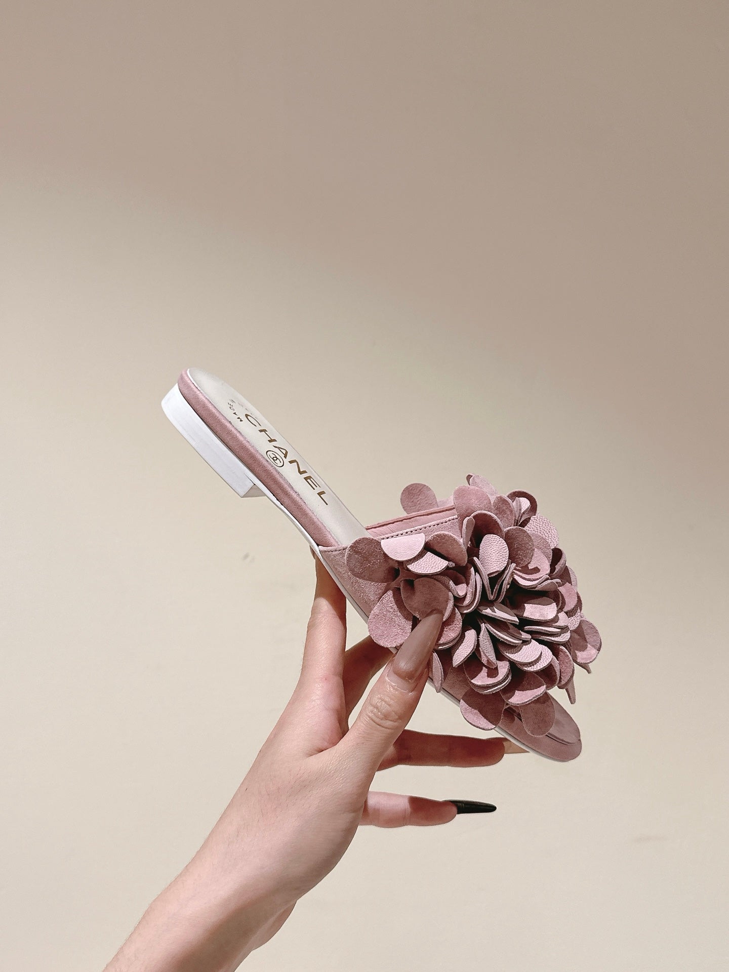CC Floral Slide Flat Pink Suede Cowhide 454281