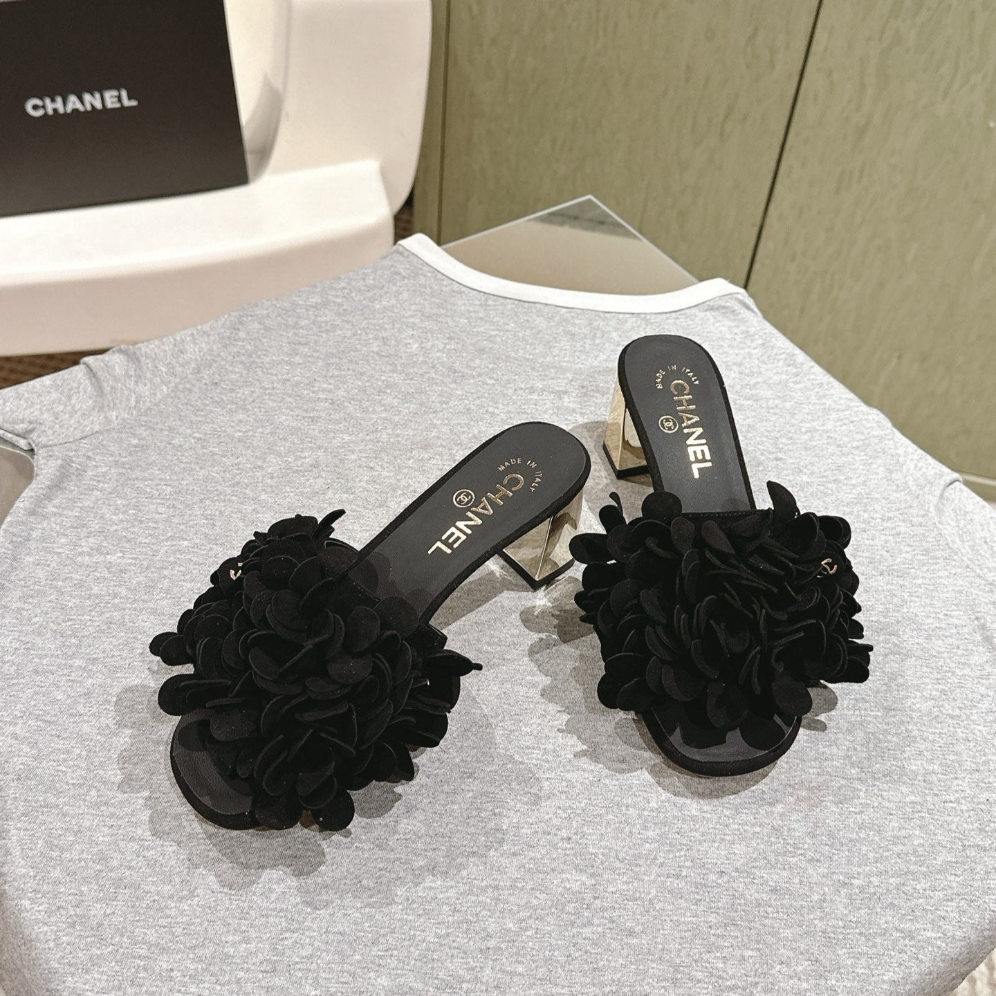 CC Floral Slide Sandals 55mm Black Suede Cowhide 454284