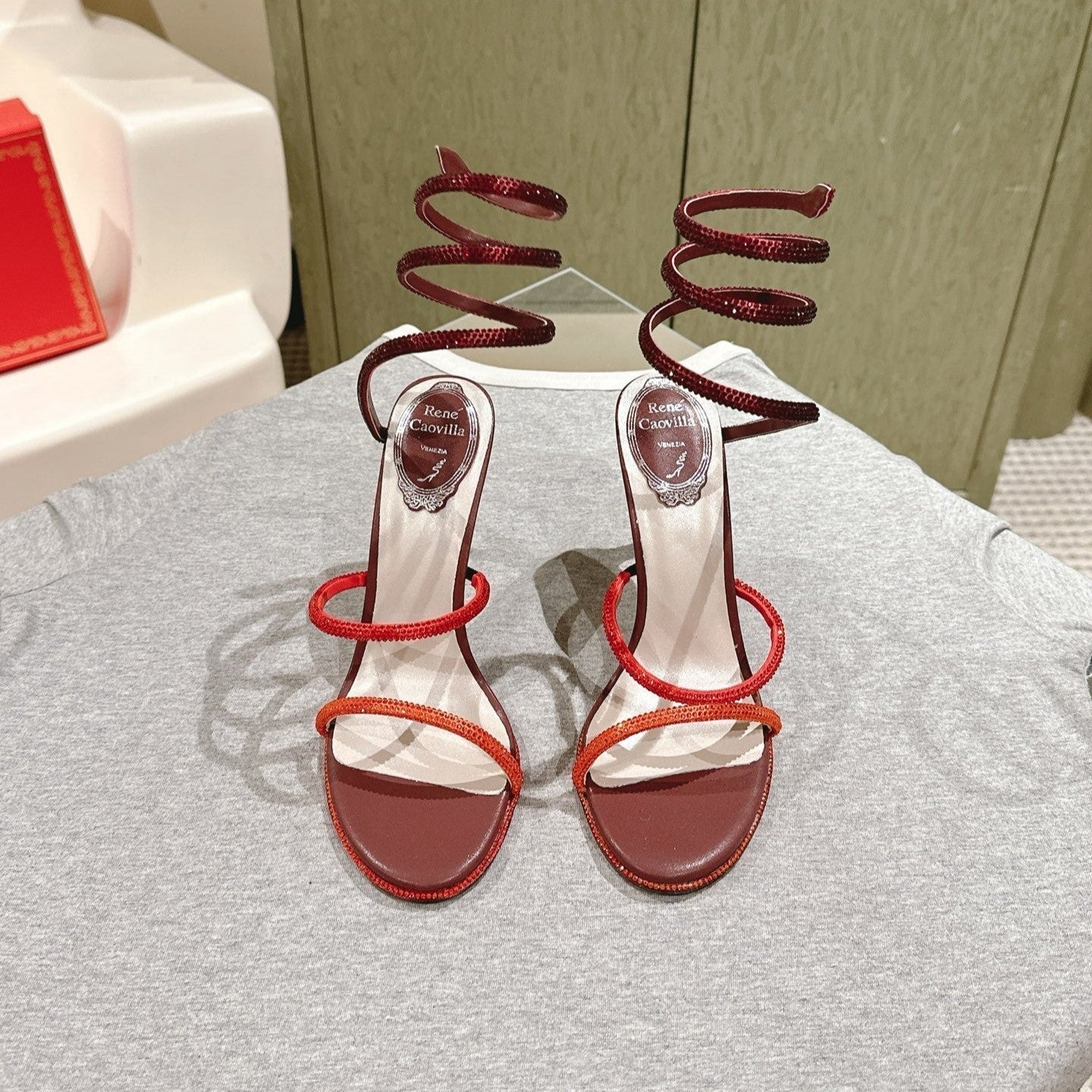 RC 25 Snake-Shaped High-Heeled Sandals Dark Red Silk Rhinestones 268061