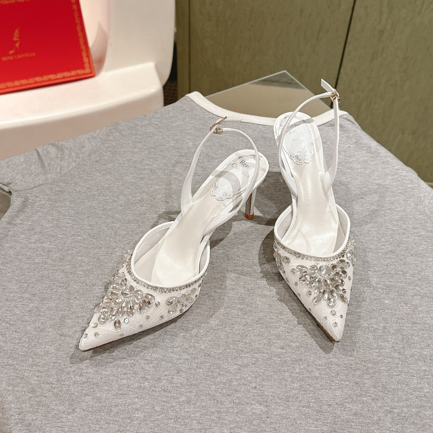 RC 25C Slingback Crystal High Heel 7.5cm White Silk Rhinestones 268080