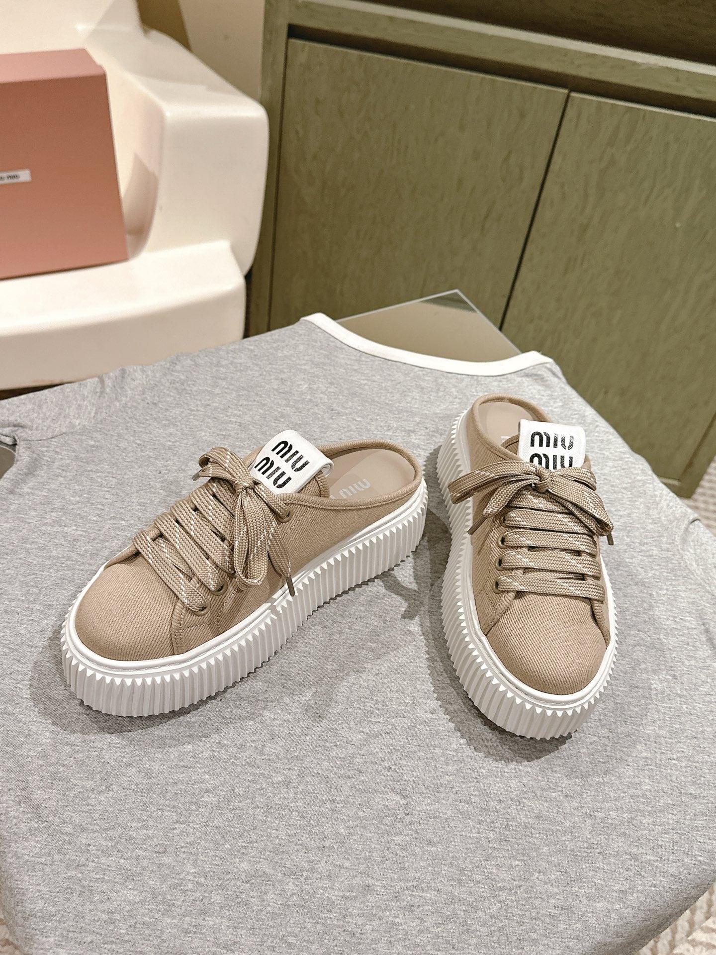 Miu Miu Biscuit Shoes Platform Mules Beige Denim Canvas 532873