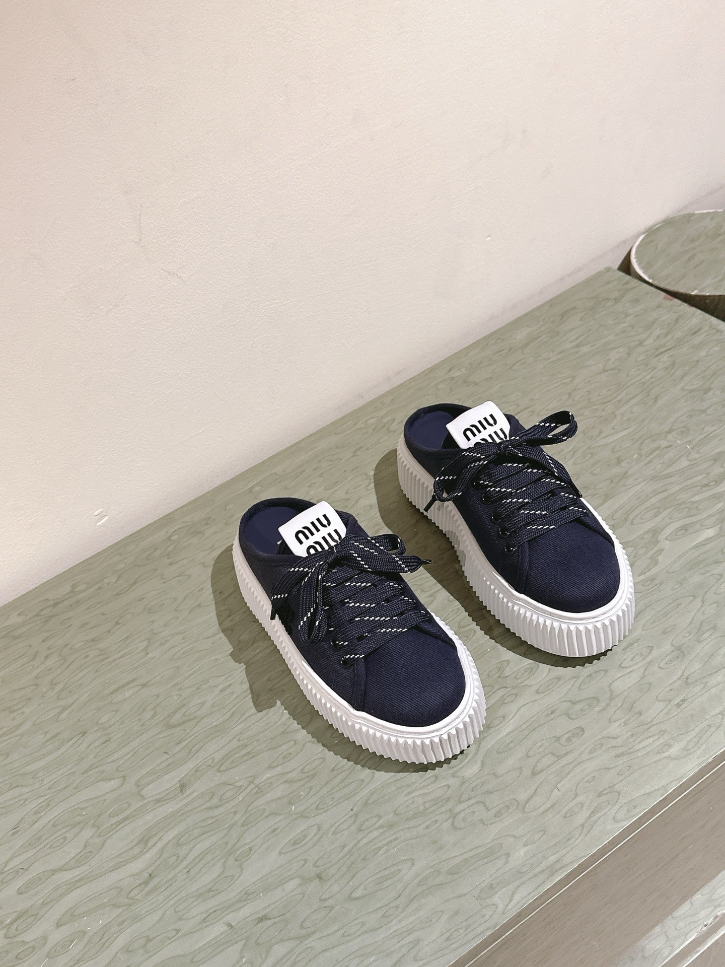 Miu Miu Biscuit Shoes Platform Mules Navy Denim Canvas 532874