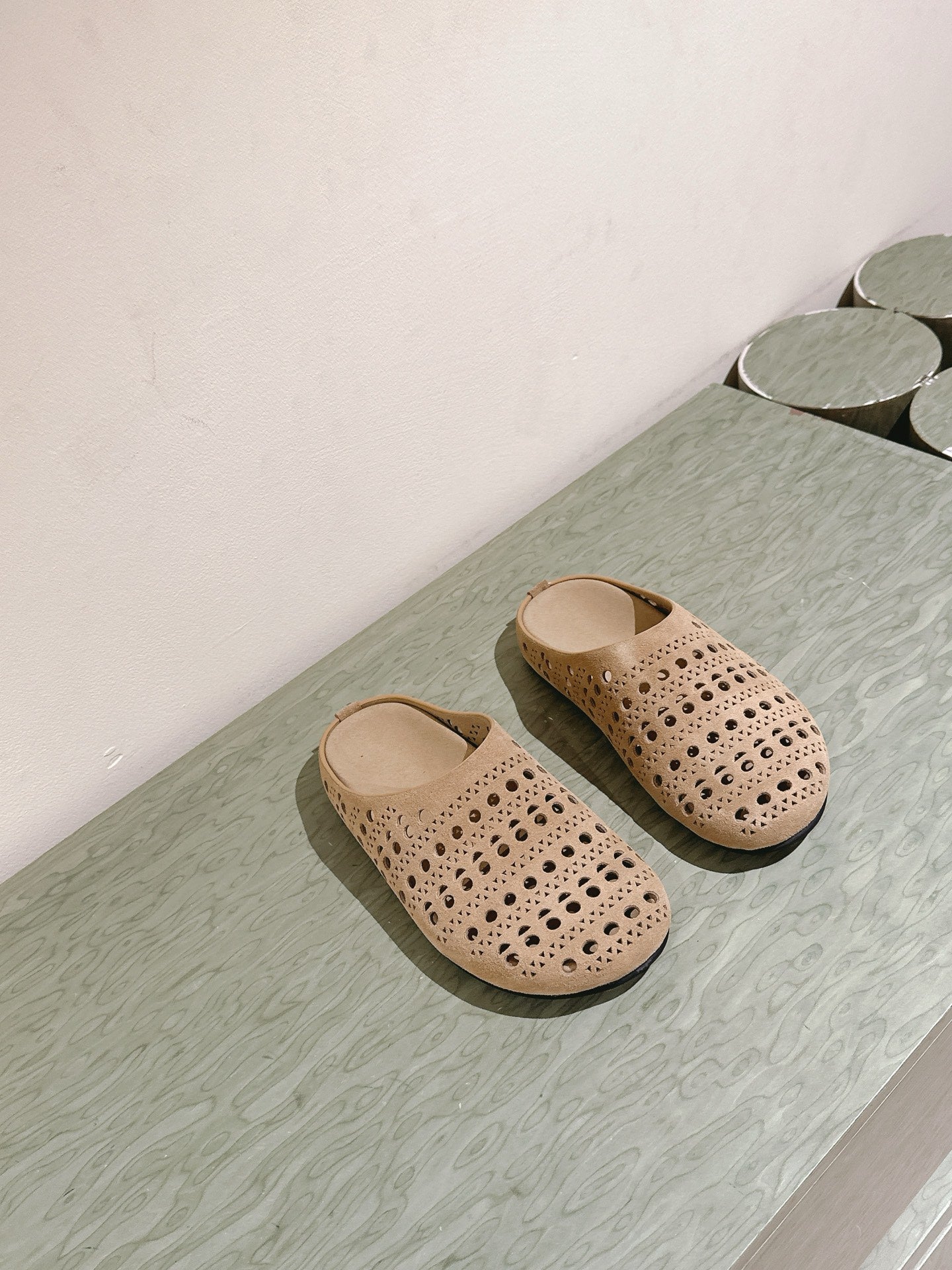 The Row 25ss Perforated Mule 20mm Beige Suede 451272
