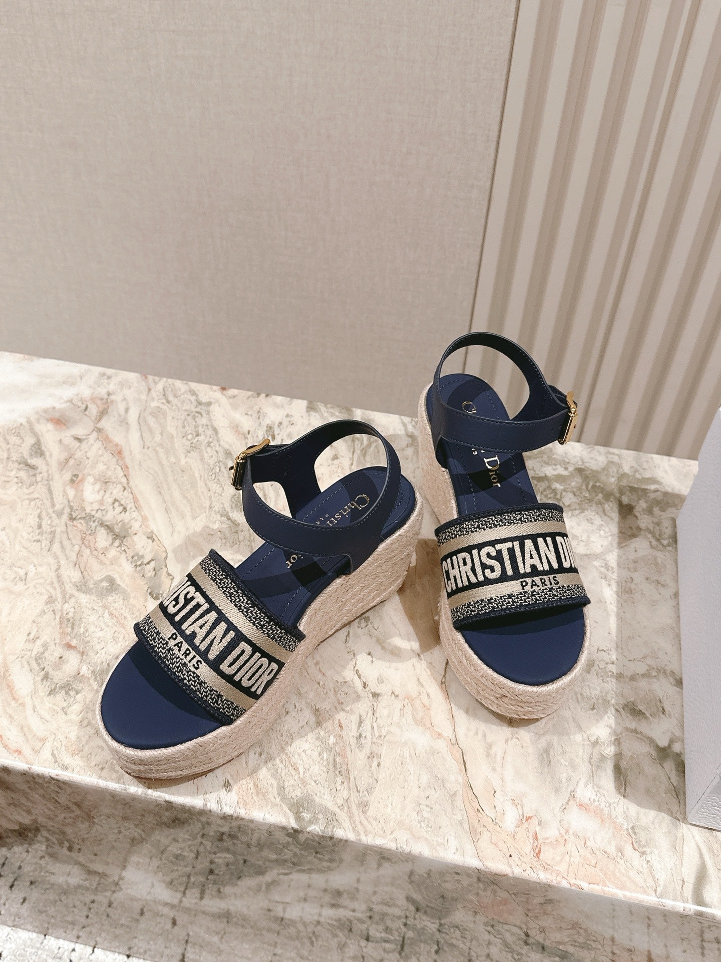 CD Dway Wedge Sandal 85mm Deep Blue Calfskin and Embroidered 483077