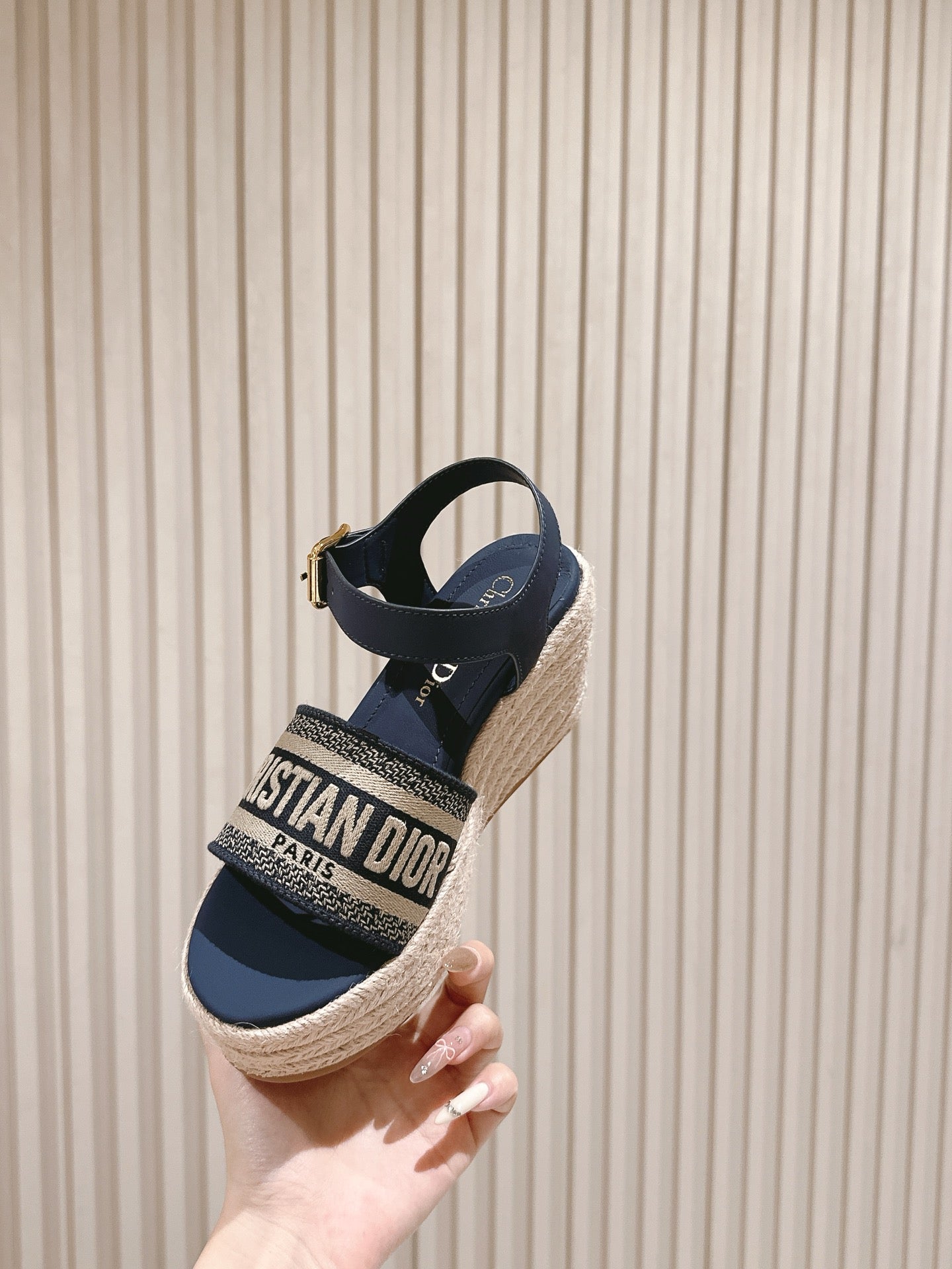 CD Dway Wedge Sandal 85mm Deep Blue Calfskin and Embroidered 483077
