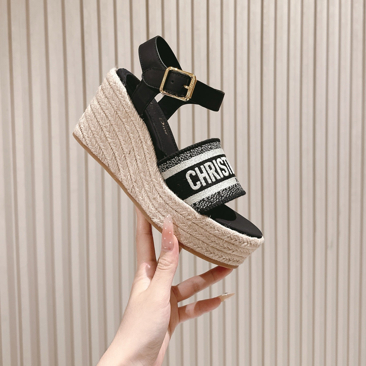 CD Dway Wedge Sandal 85mm Black Calfskin and Embroidered 483078
