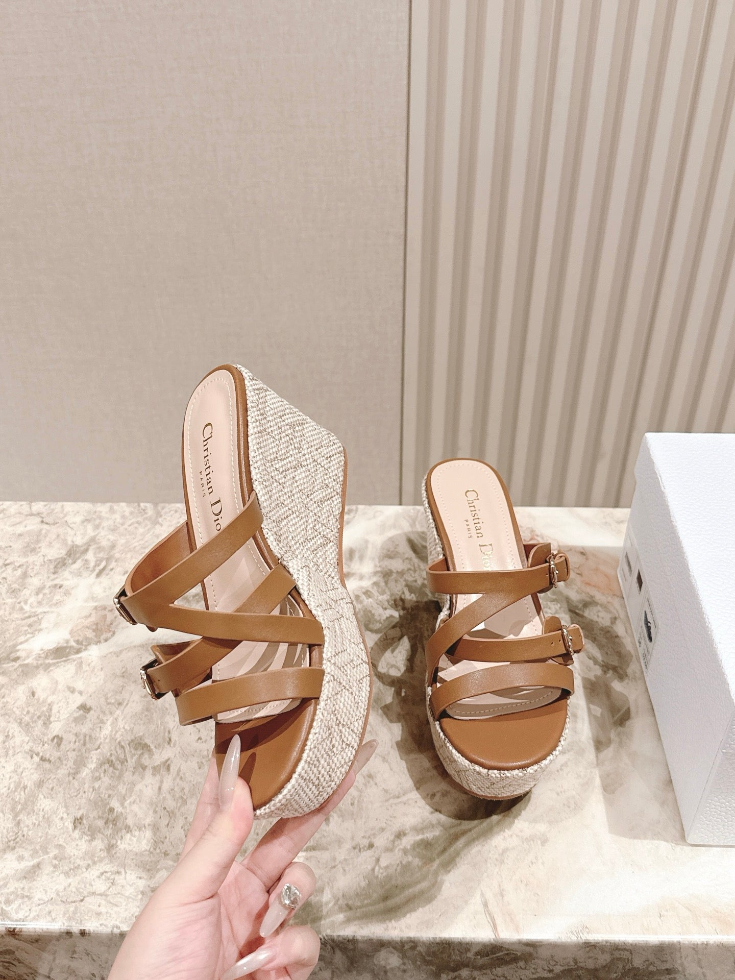 CD Wedge Hemp Sandal 85mm Brown Beige Lambskin 483083