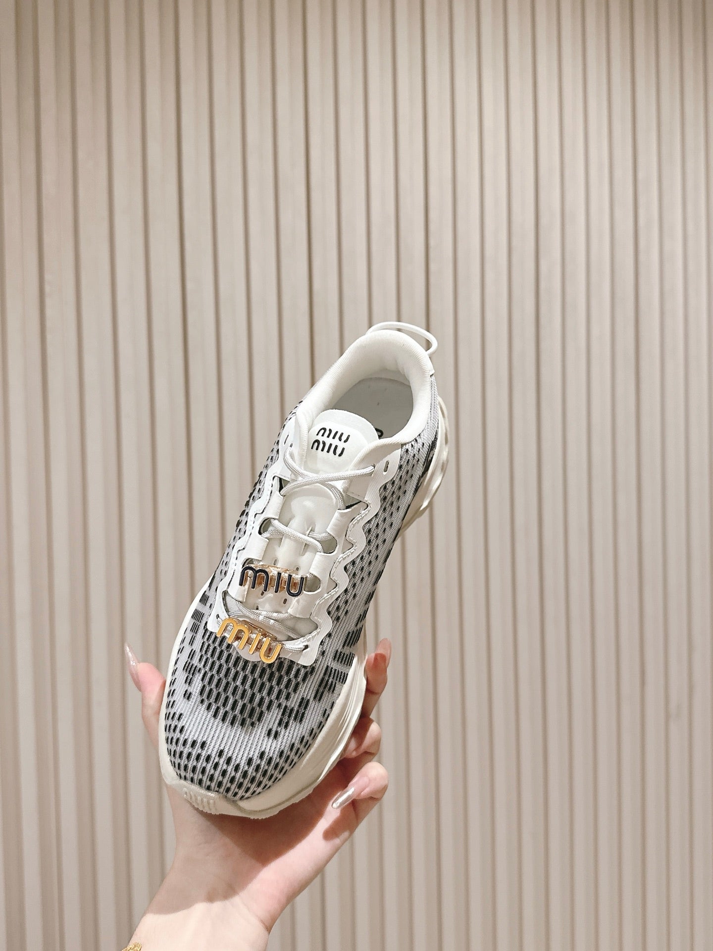 Miu Technical Sneakers White Black Cowhide Fabric 445808