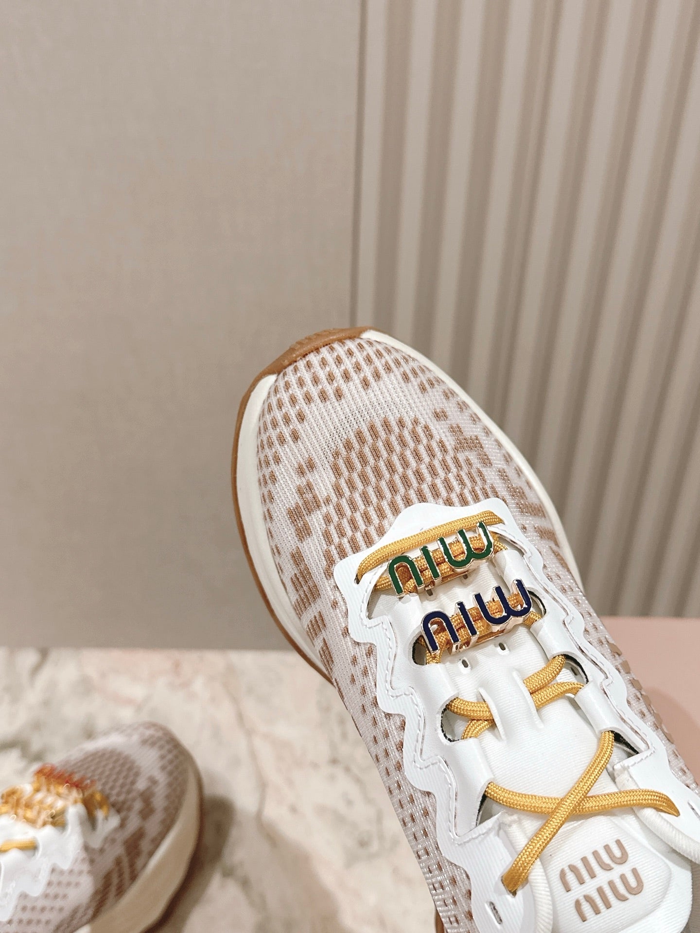 Miu Technical Sneakers White Light Brown Cowhide Fabric 445810