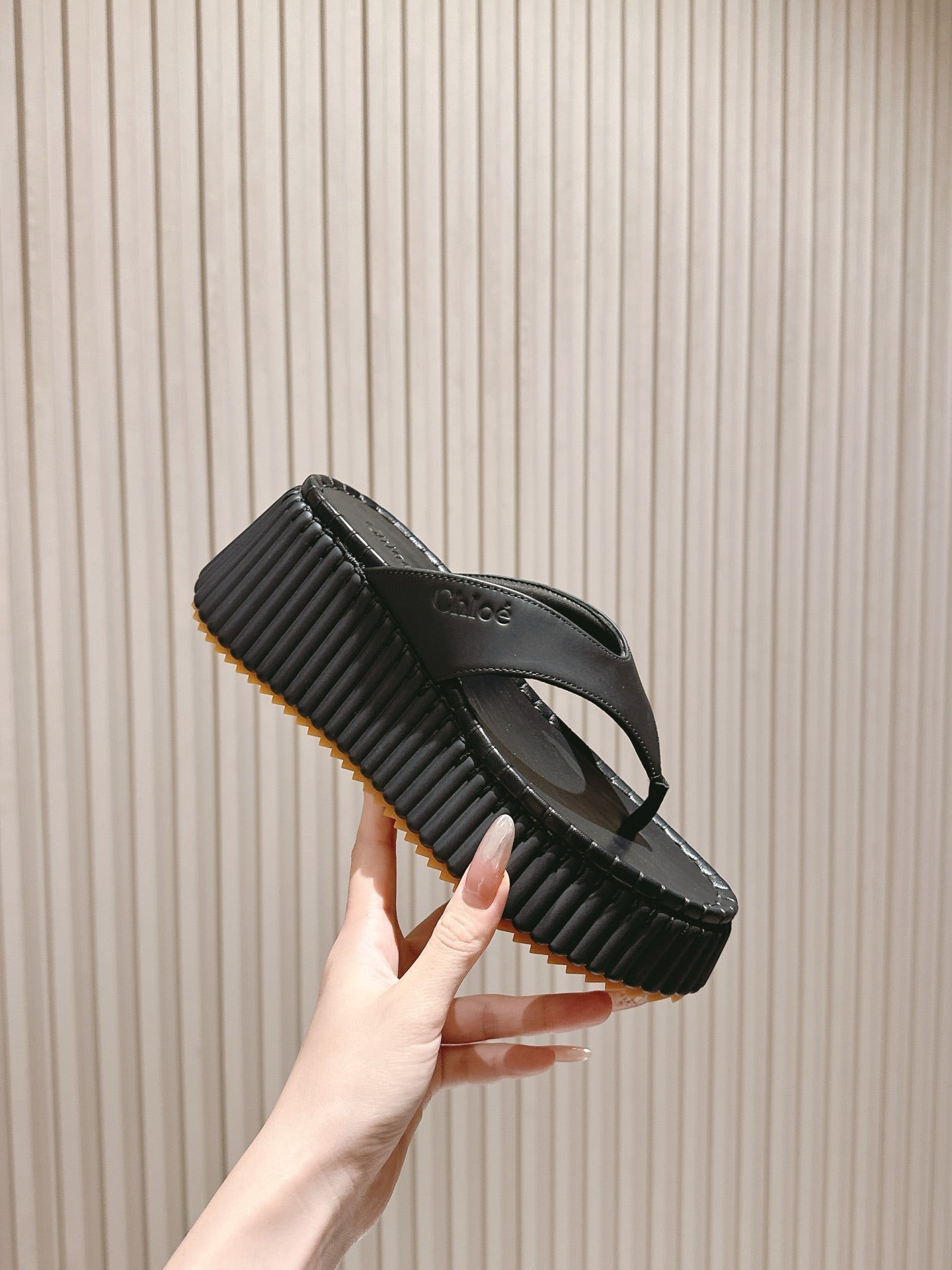 Chloé 26S Platform Flip-Flops in Black Lambskin.