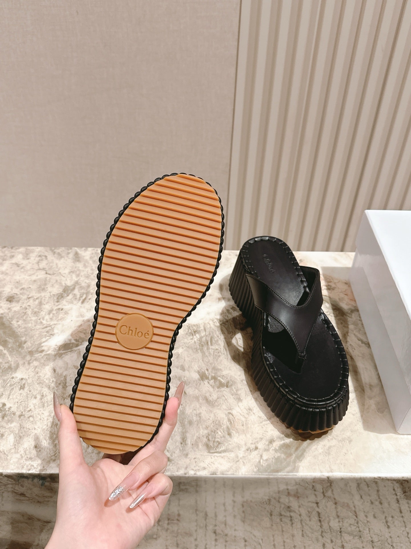 Chloé 26S Platform Flip-Flops in Black Lambskin.